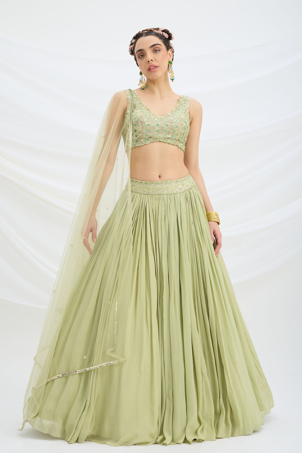 Pista Green Embroiered Lehenga Set