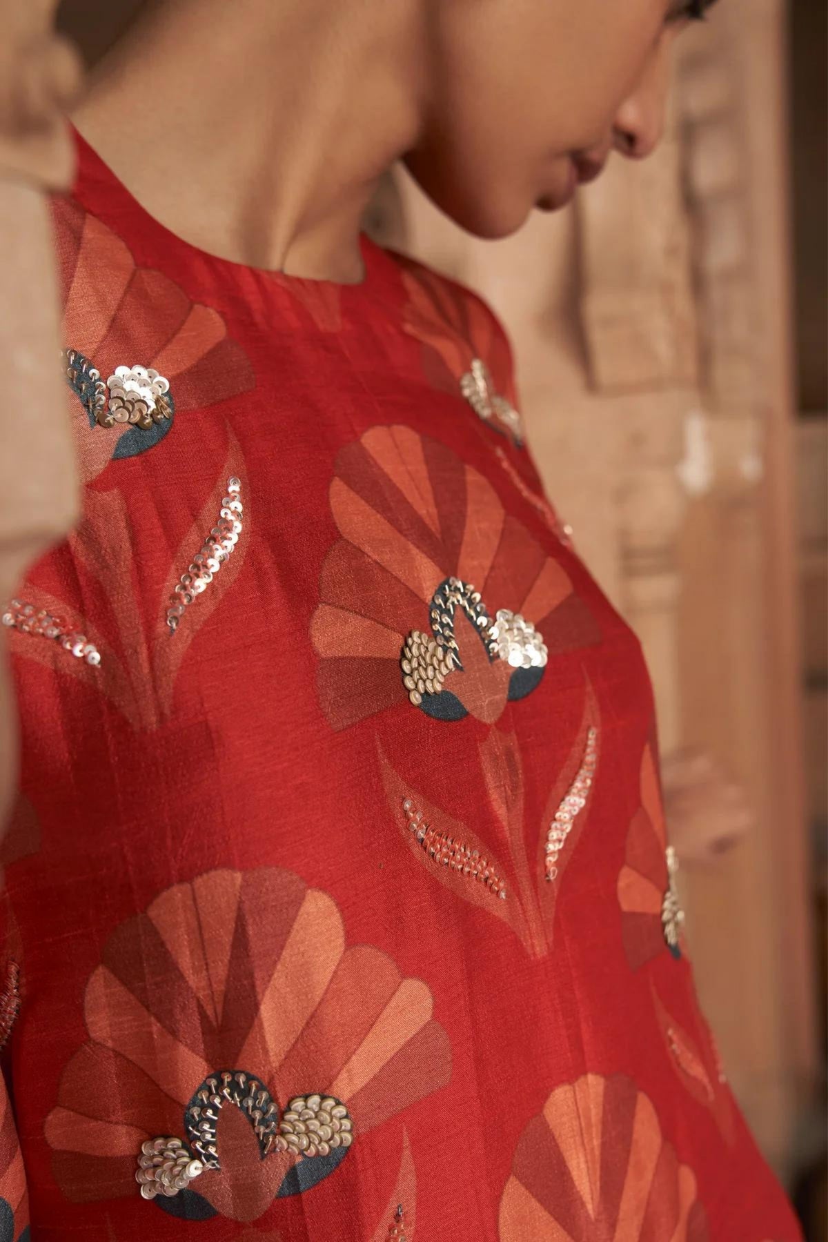 Red Moroccan Shell Print Kurta Set