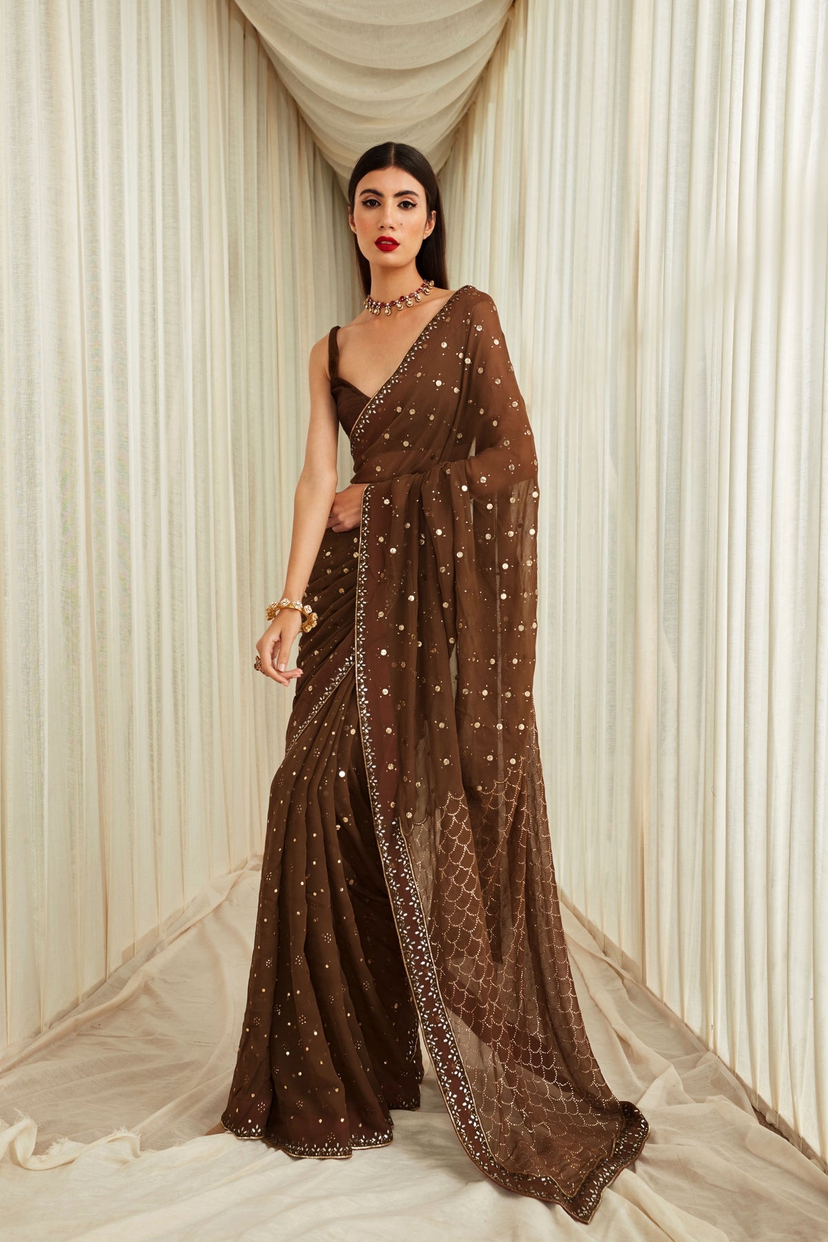 Coffee Cloud Saree Set