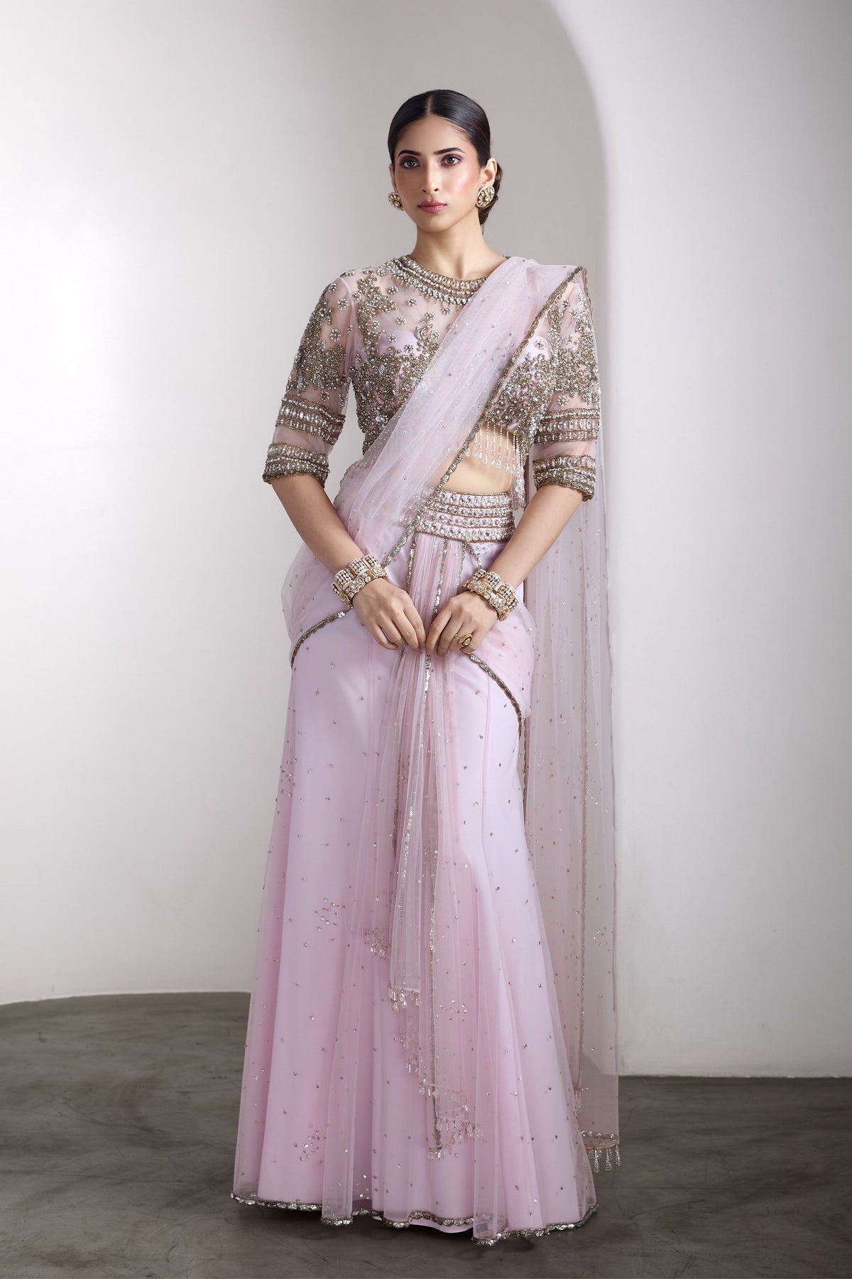 Pink Draped Saree Set