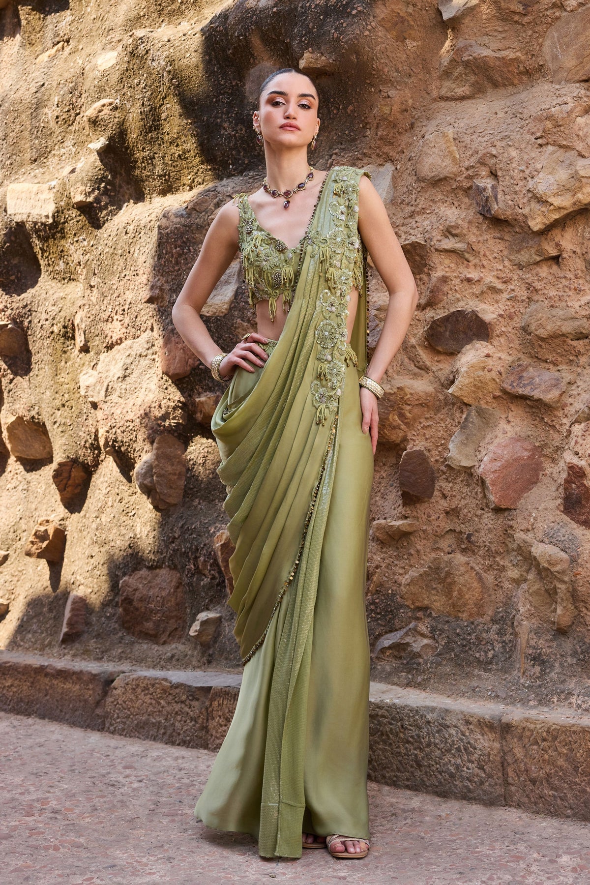 Sage Green Draped Saree Set