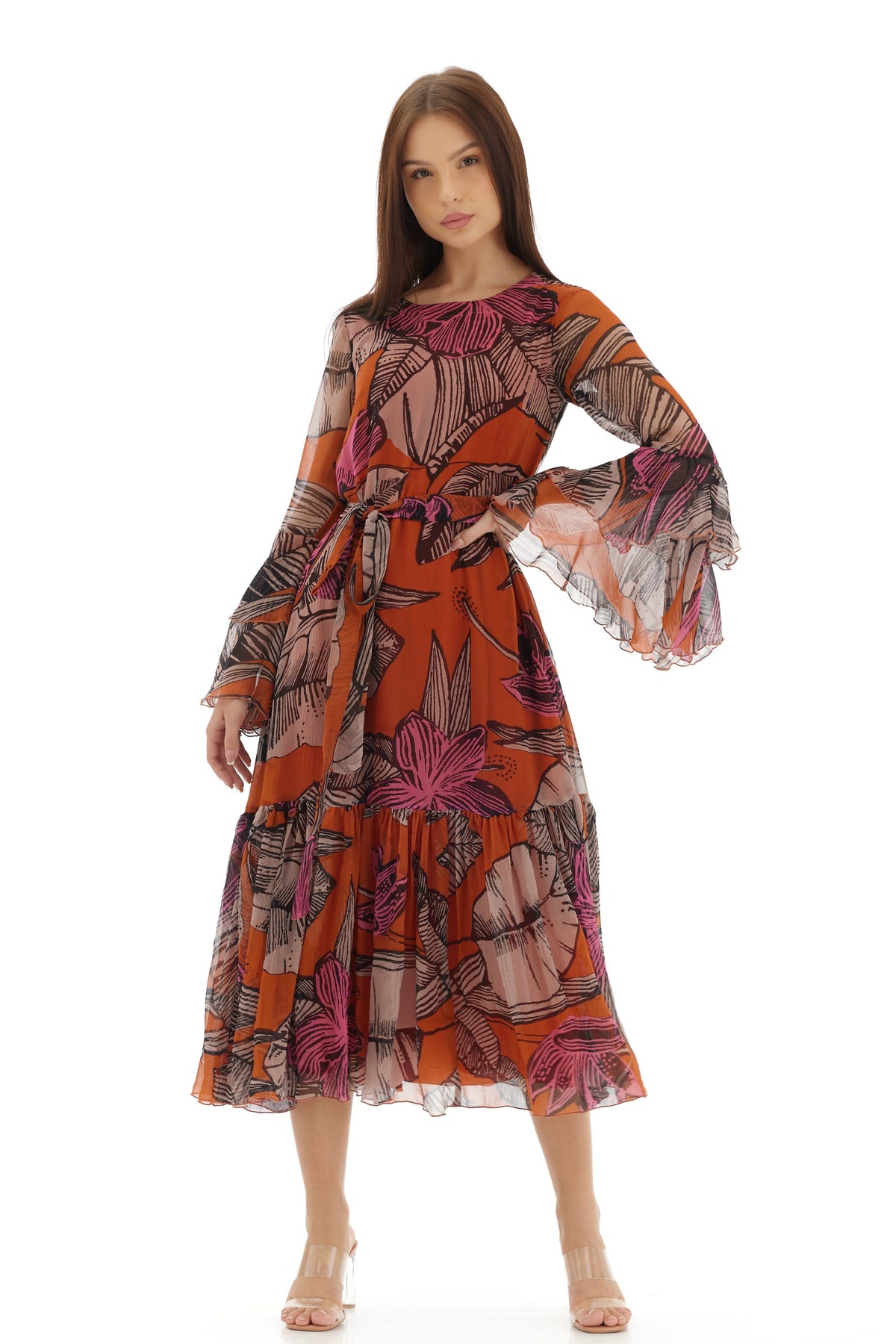 Orange and Beige Midi Dress