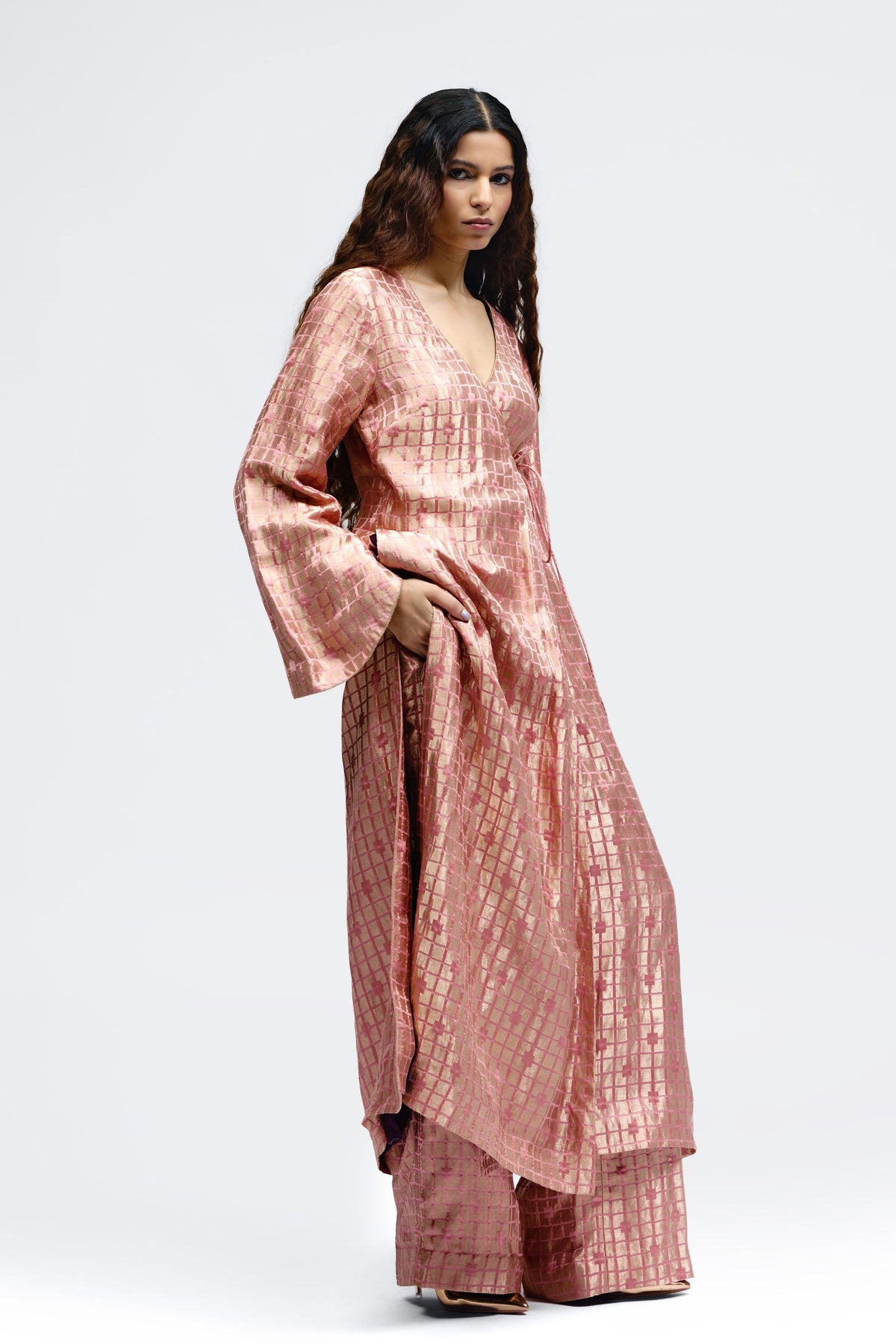 Grid Onion Pink Angrakha Kurta Set