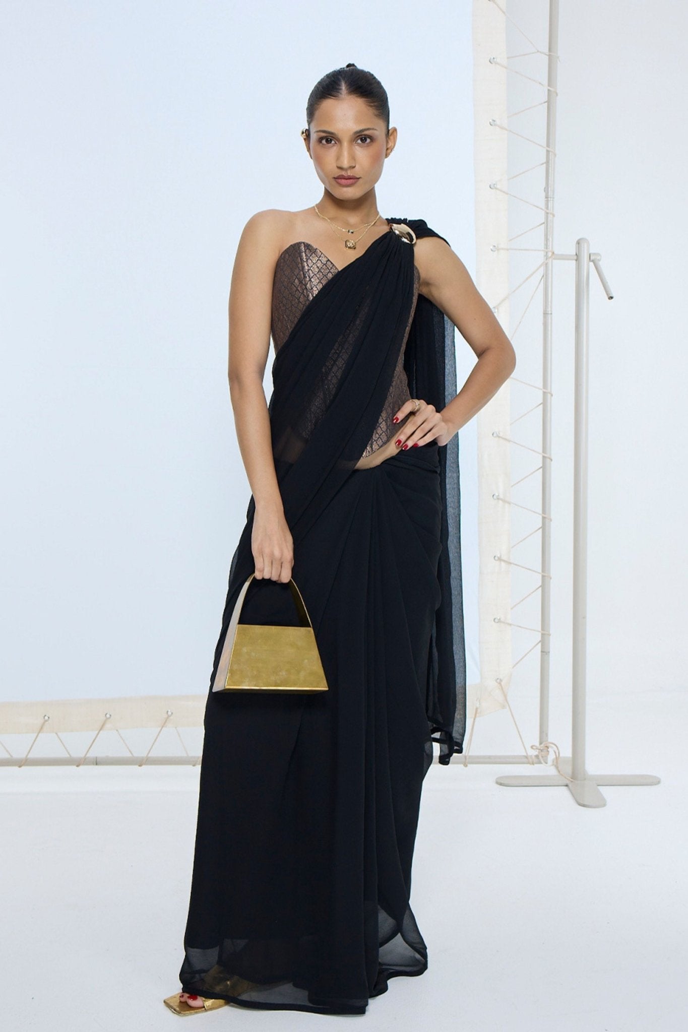 Midnight Black Brooch Saree - Ekaya - Elahe