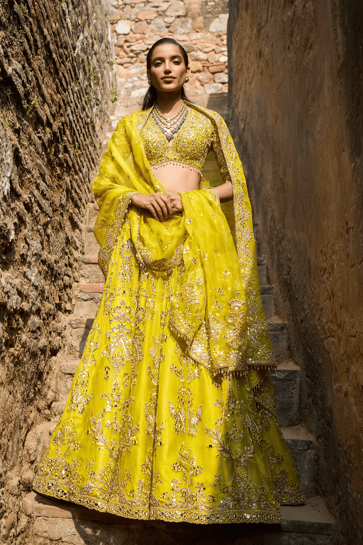 Lime Yellow Organza Lehenga  Set