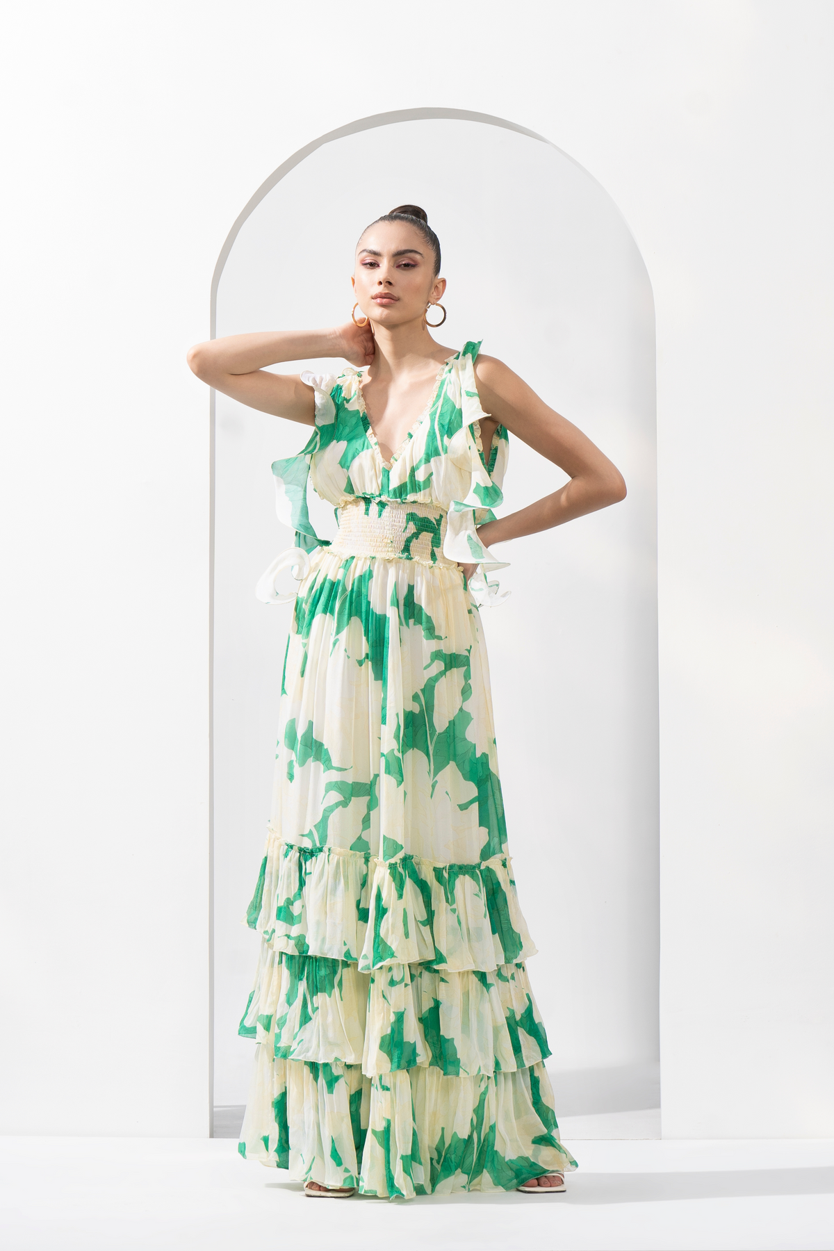 Bling Texture Chiffon Printed Tiered Dress