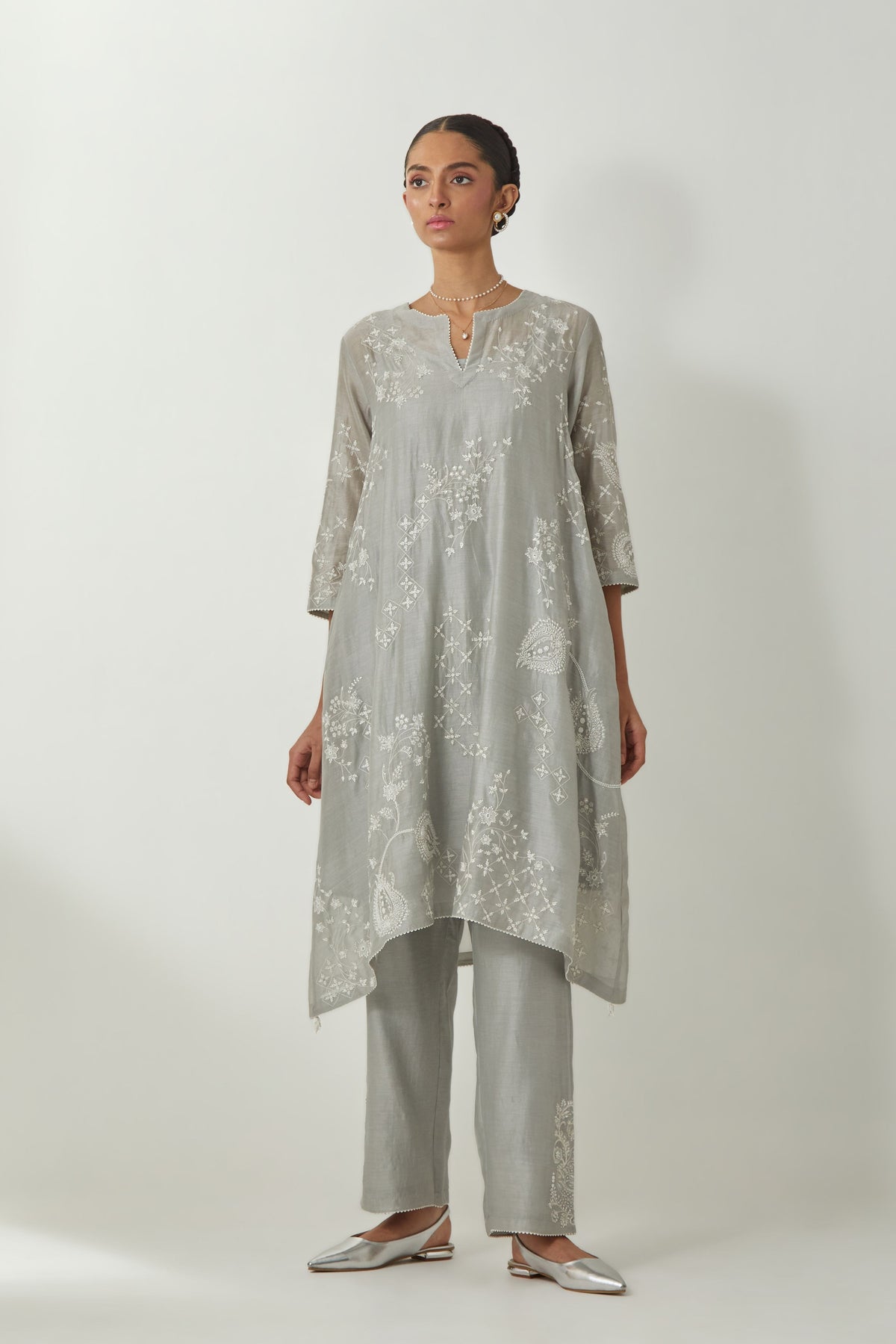 Grey Silk Chanderi Kurta Set