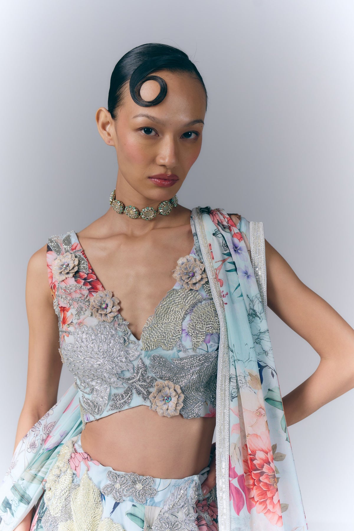 Ivory Aqua Bloom Lehenga Set