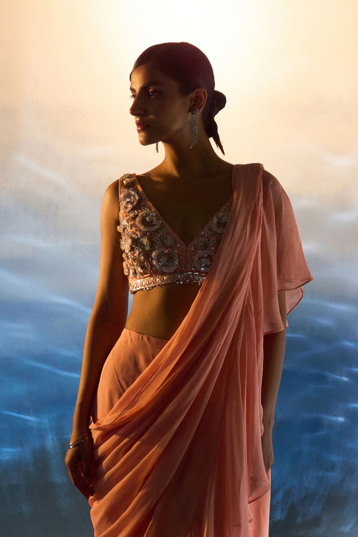 Peach Drape Saree Set