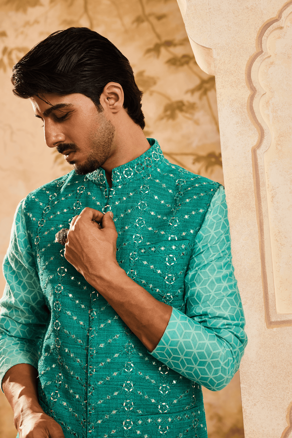 Teal Mirrorwork Nehru Jacket Kurta Set