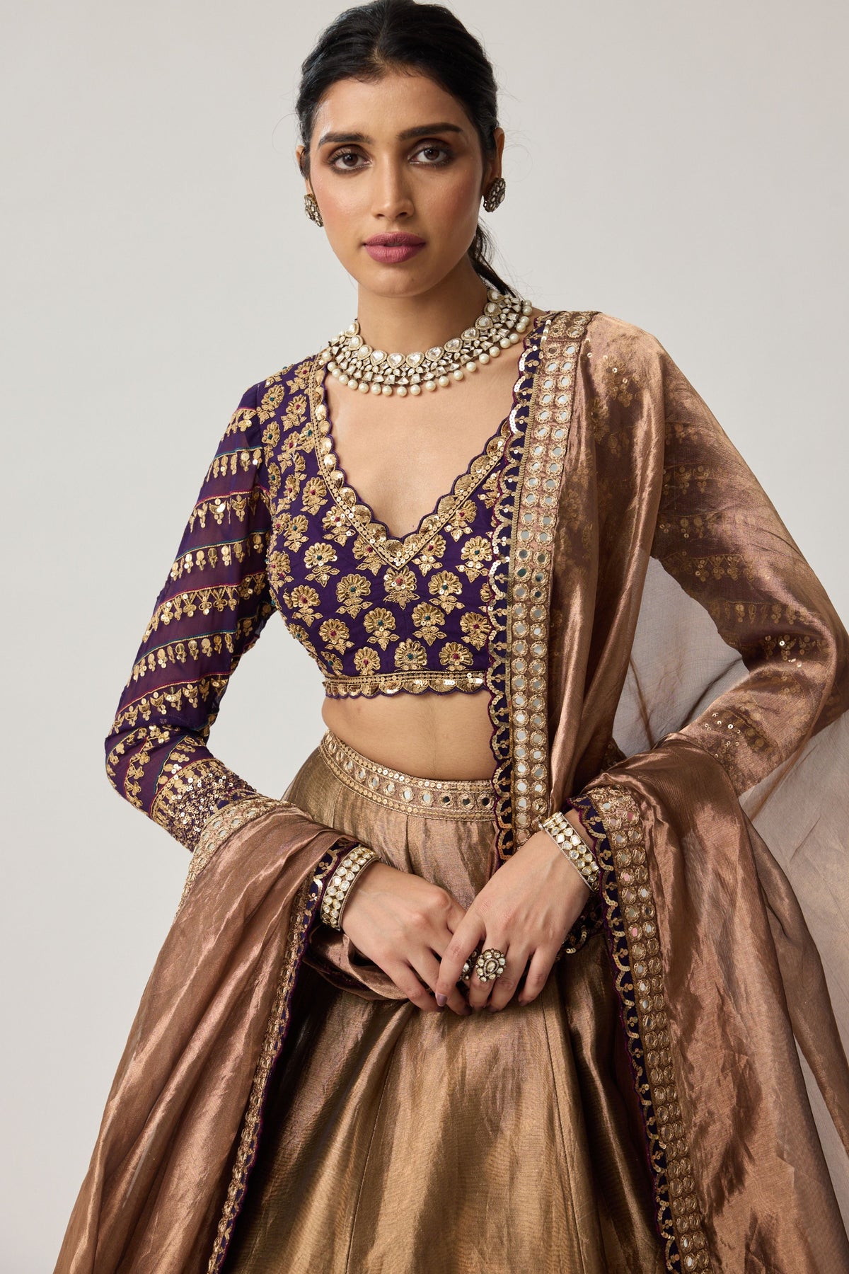 Copper Tissue Mughal Lehenga Set