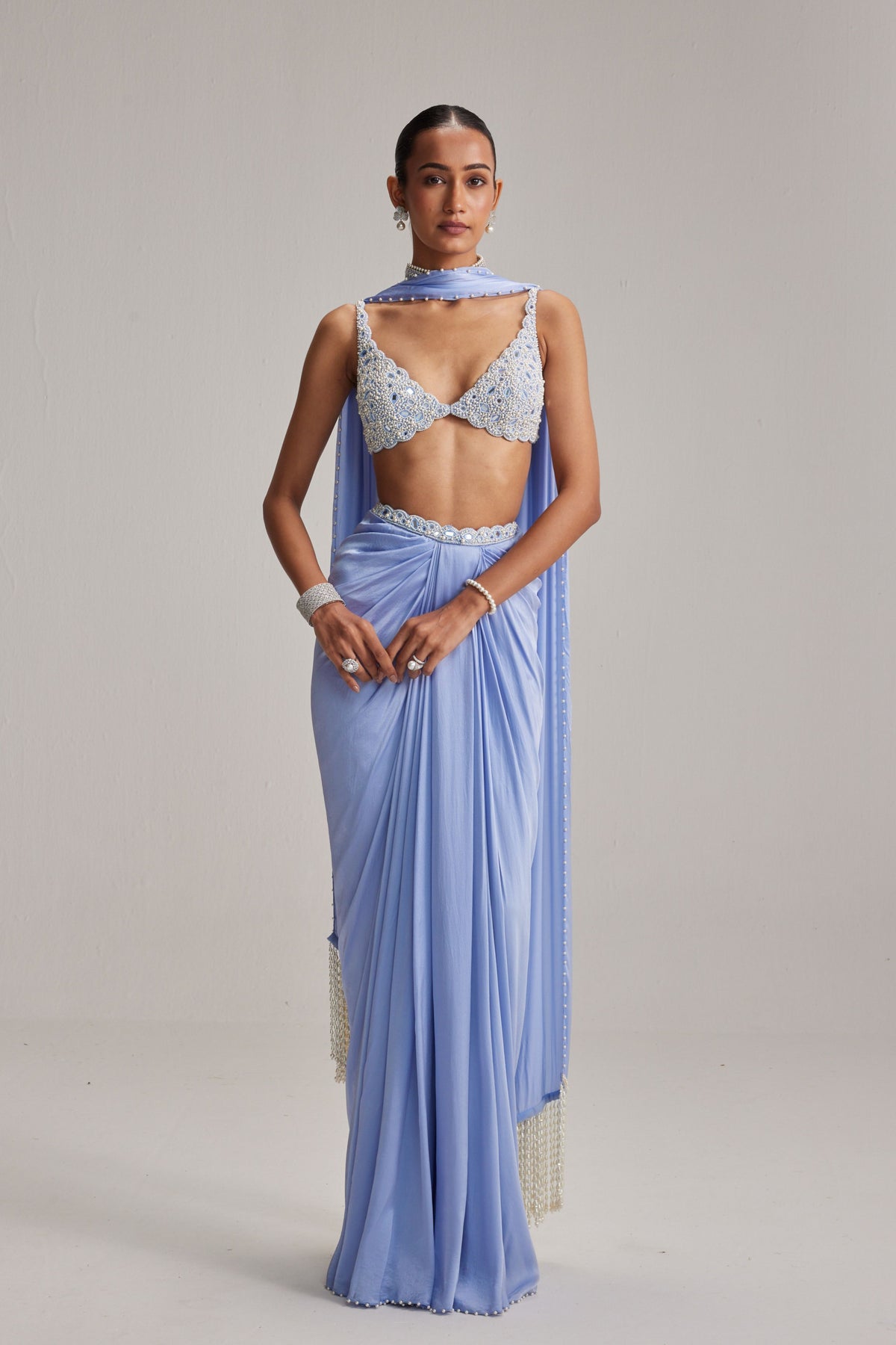 Dew Blue Satin Draped Skirt Set