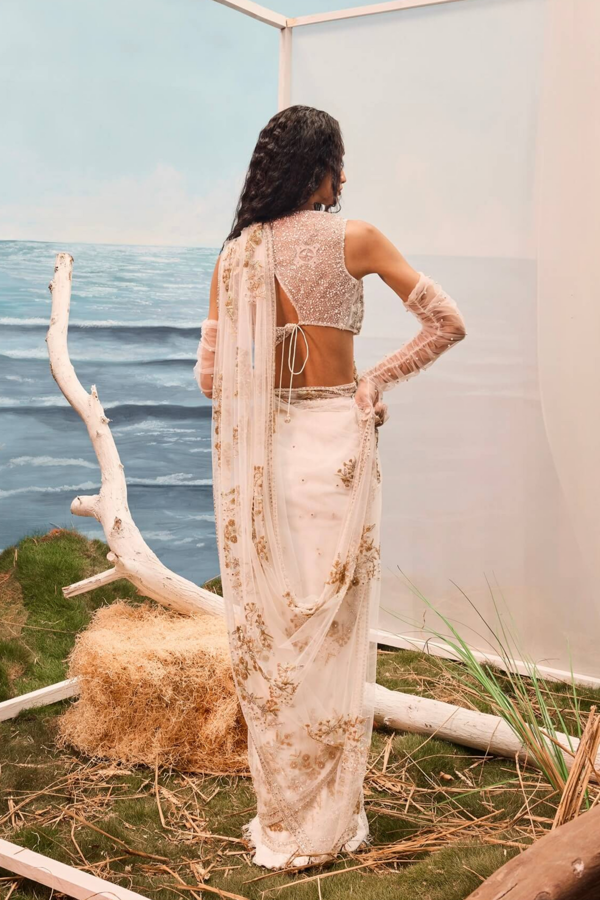 White Pre-stitched Saree Set