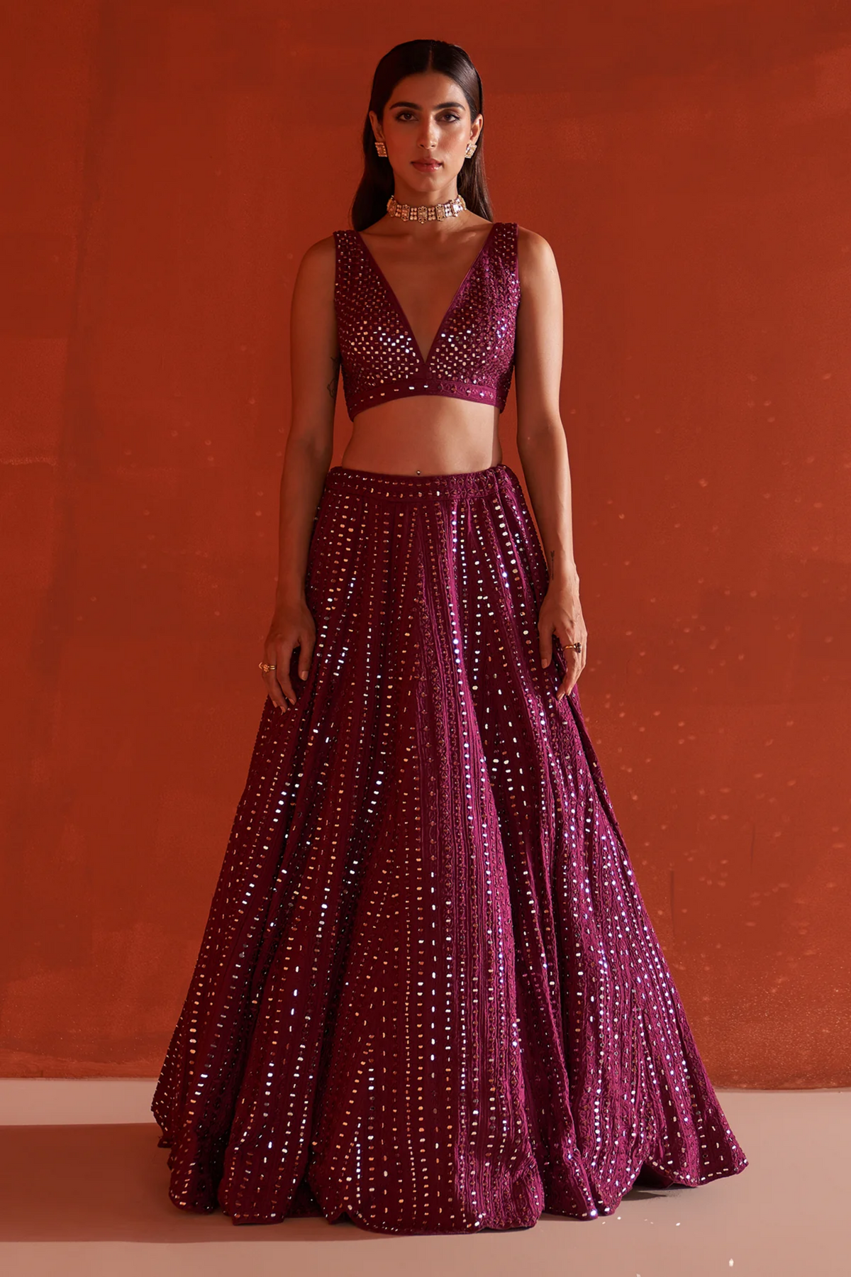 Wine Raw Silk Lehenga Set