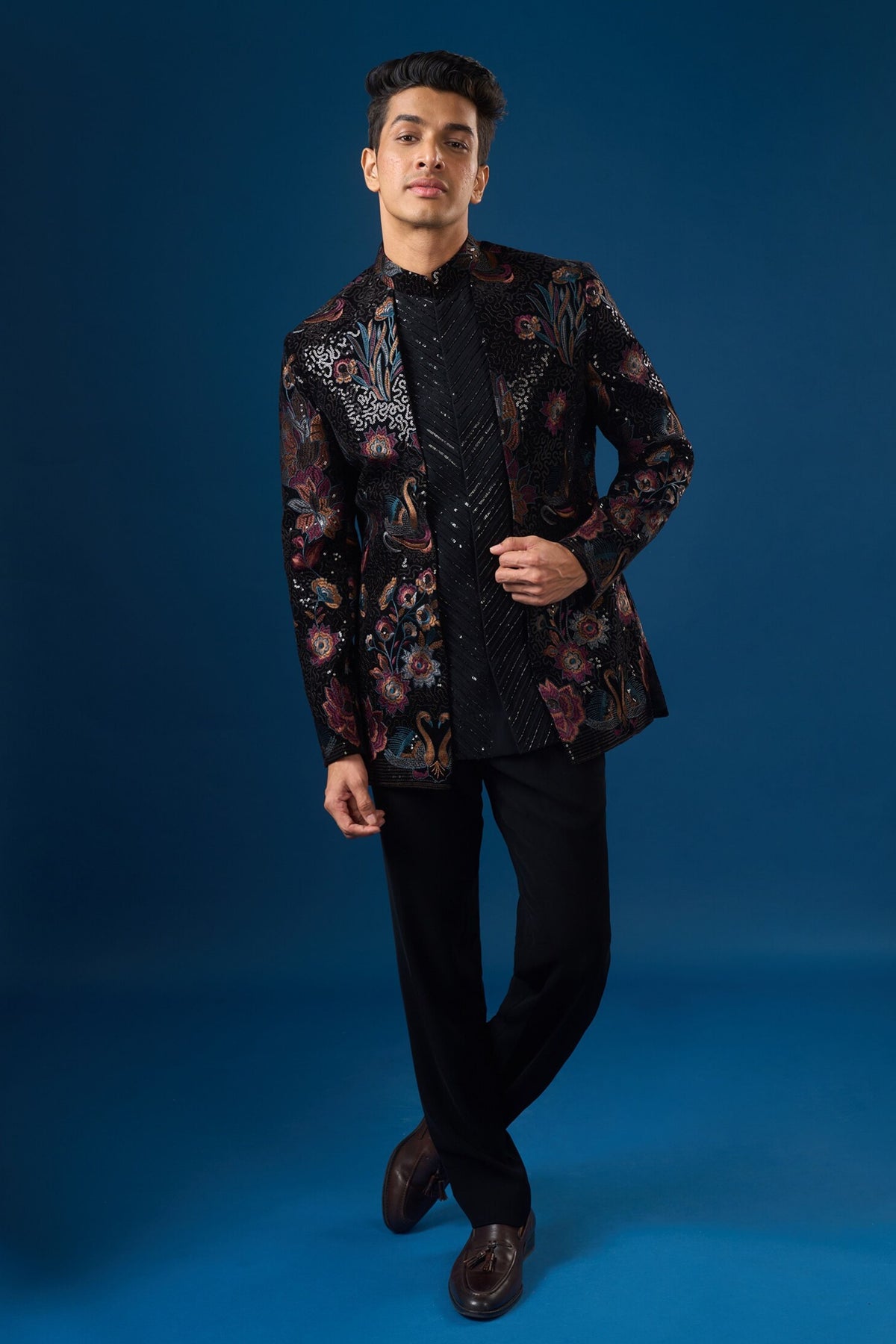 Coal Velour Bandhgala Set