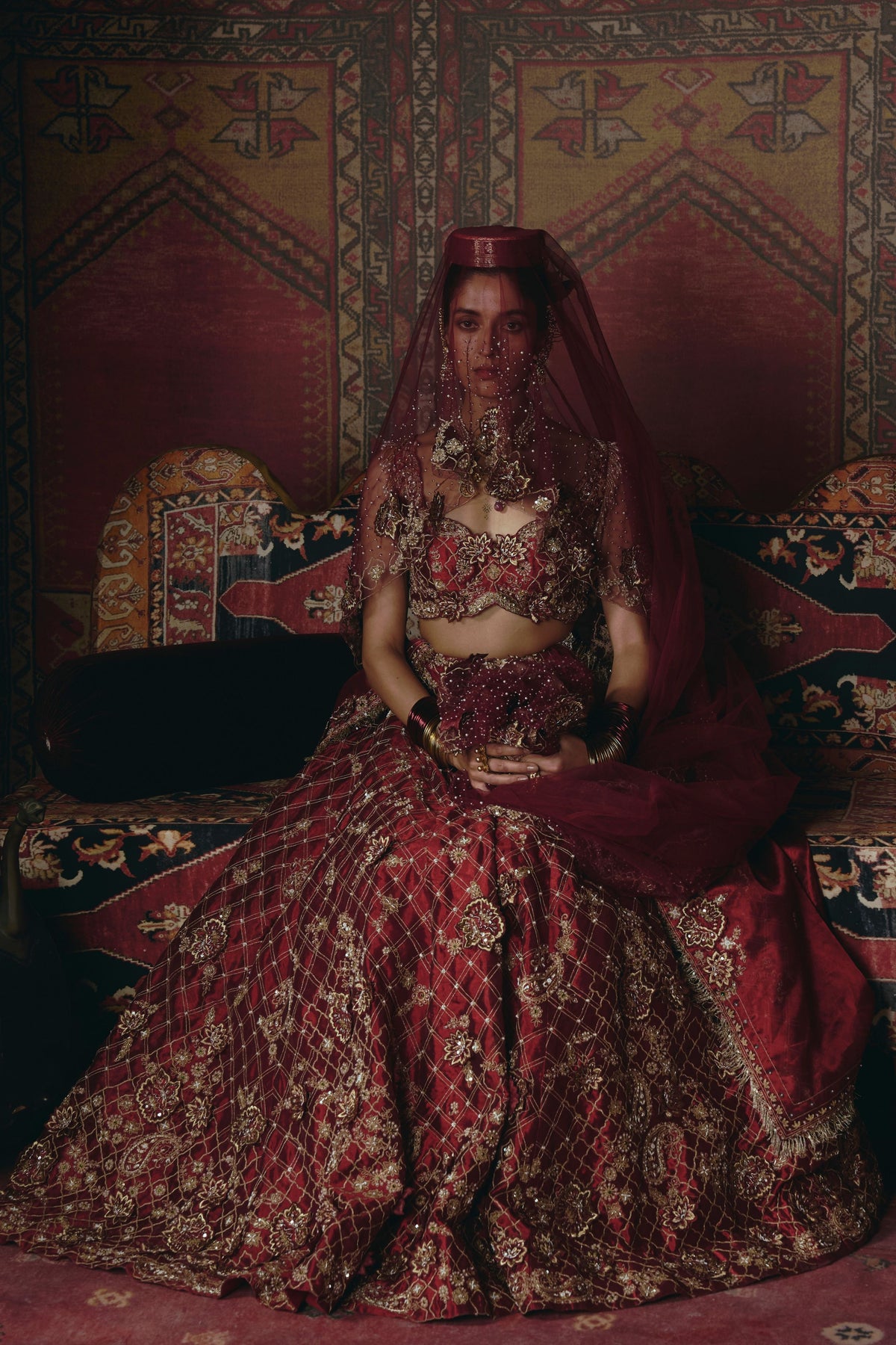 Maroon 3d Flower Lehenga Set