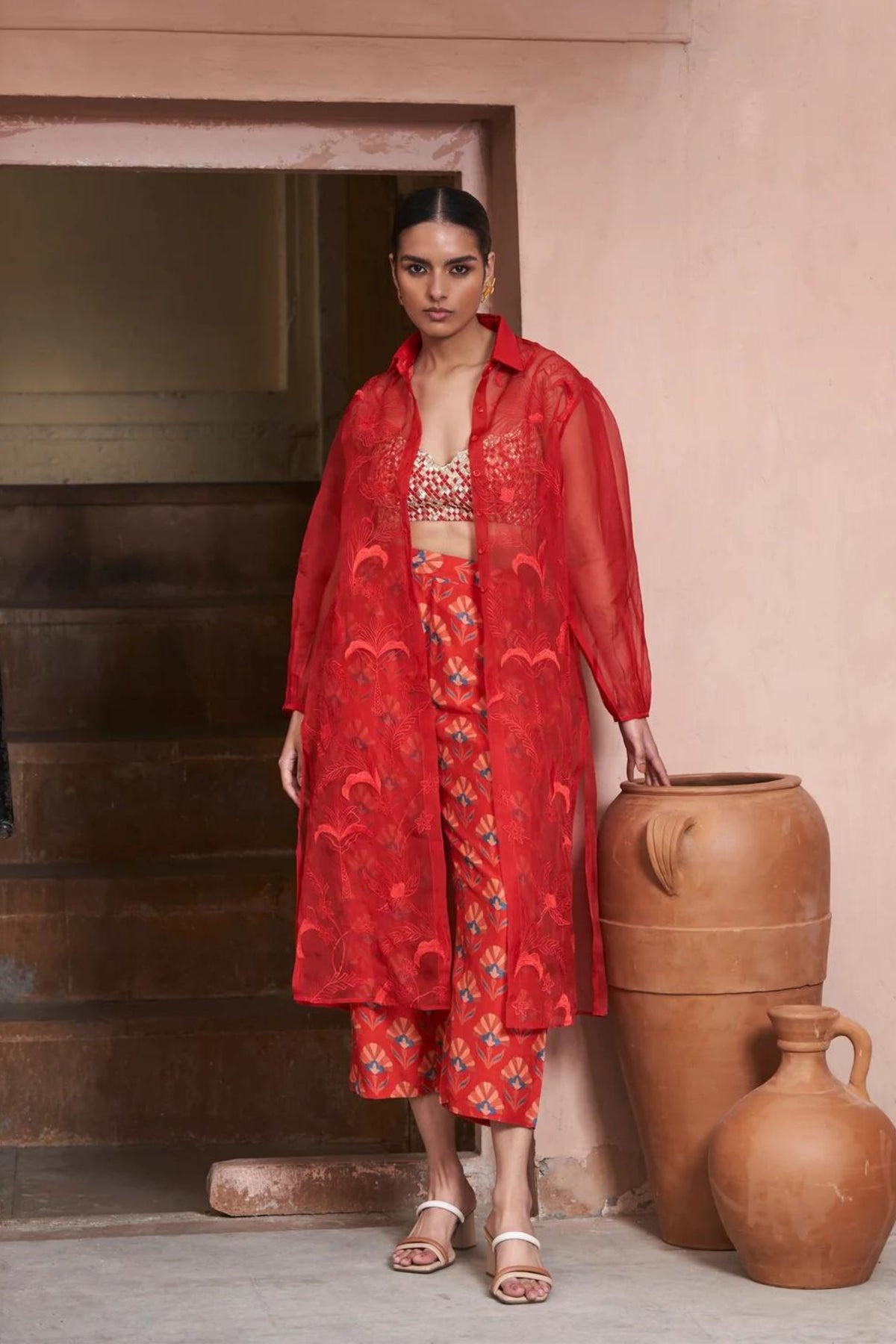 Red Moroccan Organza Shirt Dress Set