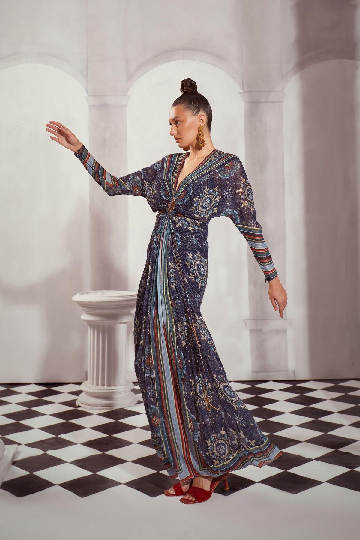 Blue Mosiac Print Draped Maxi Dress