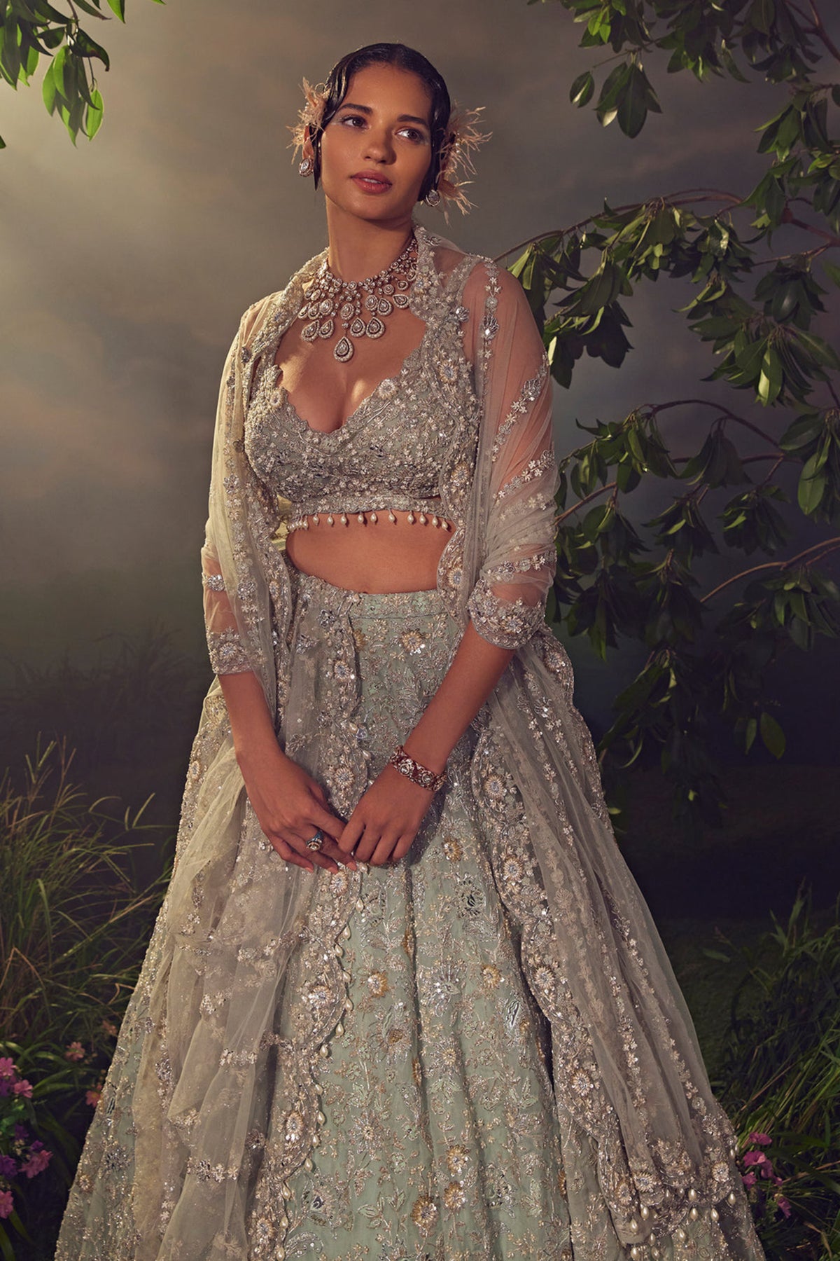 Grey Green Lehenga Set