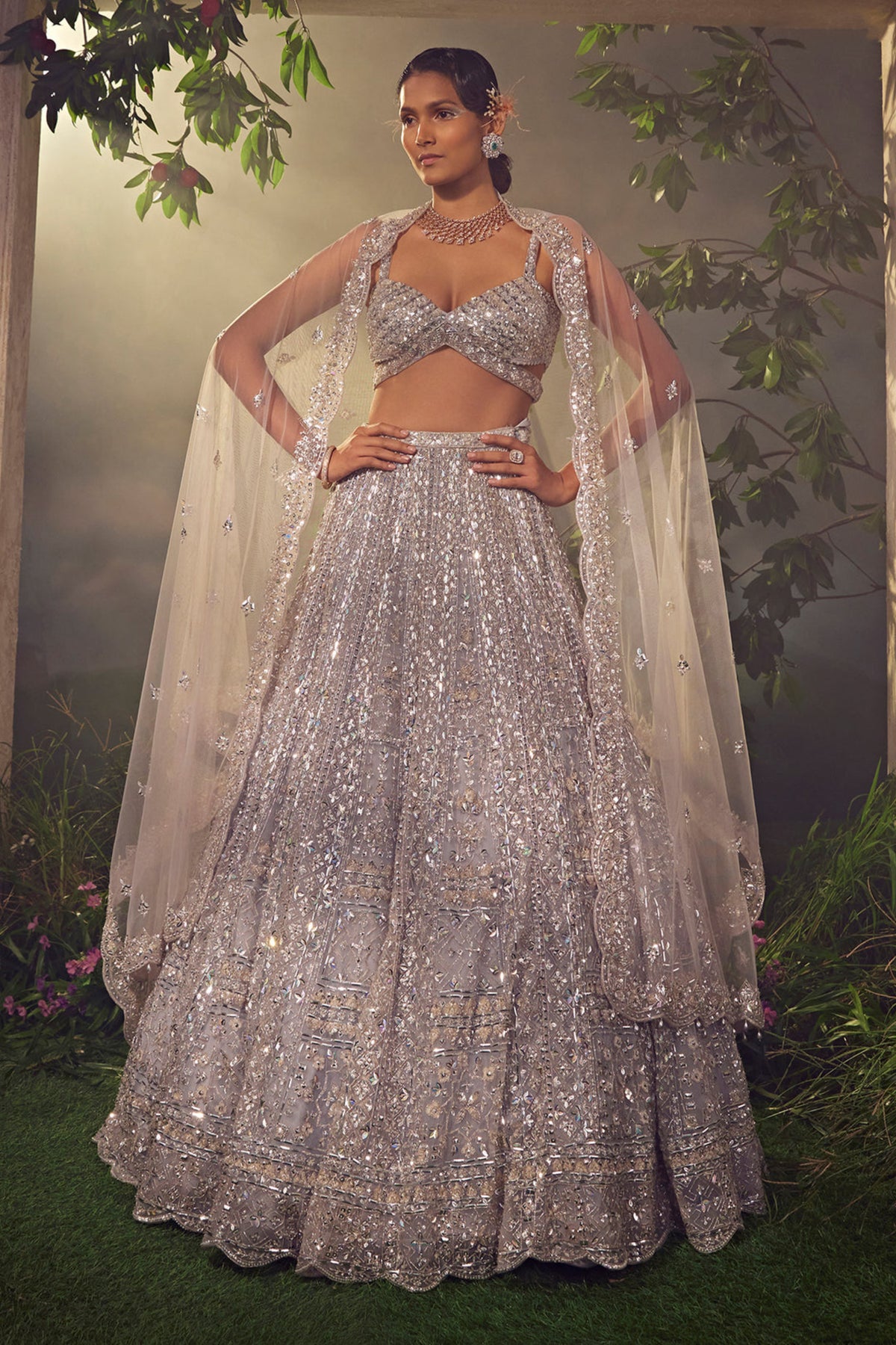Metallic Grey Tulle Lehenga Set