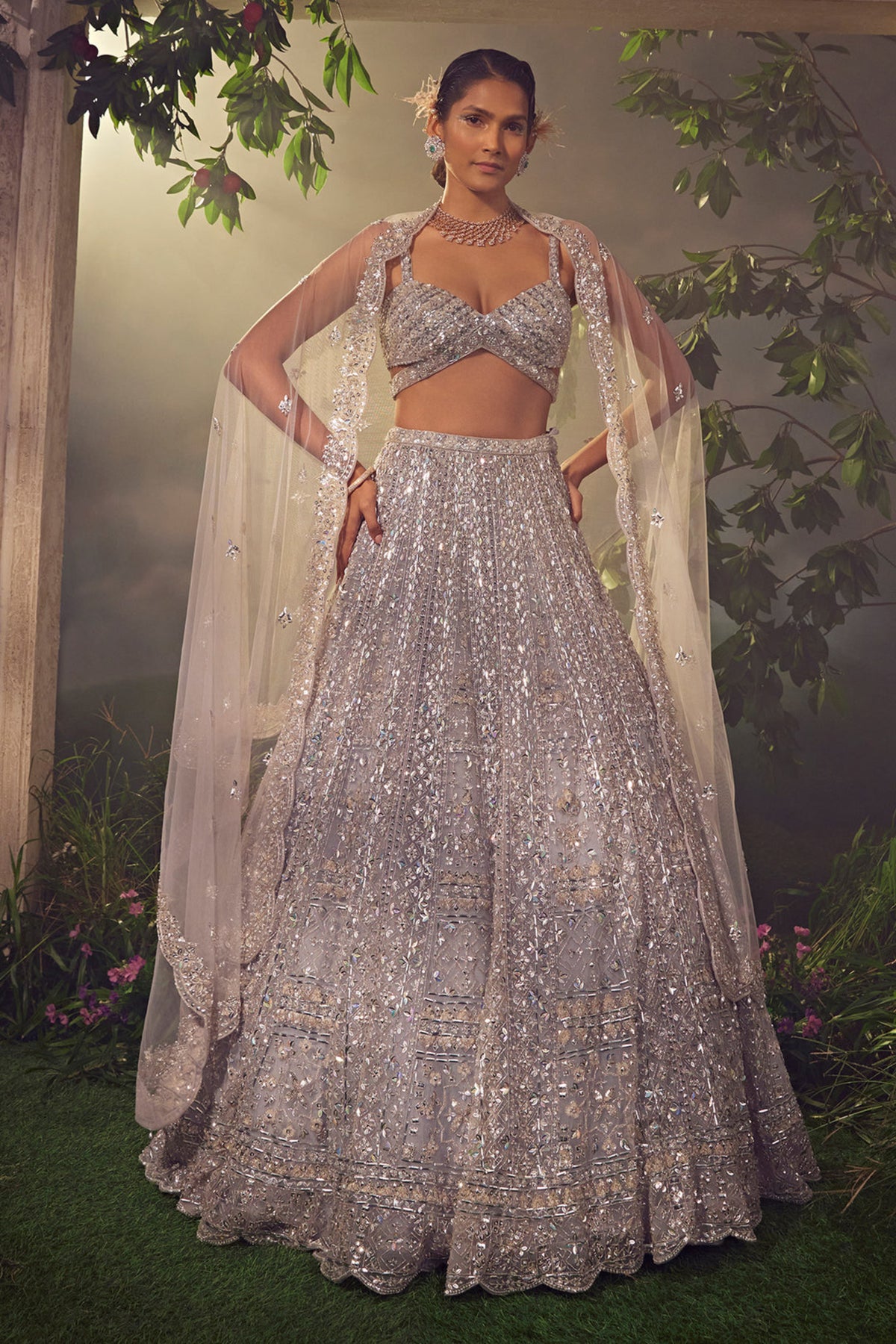 Metallic Grey Tulle Lehenga Set