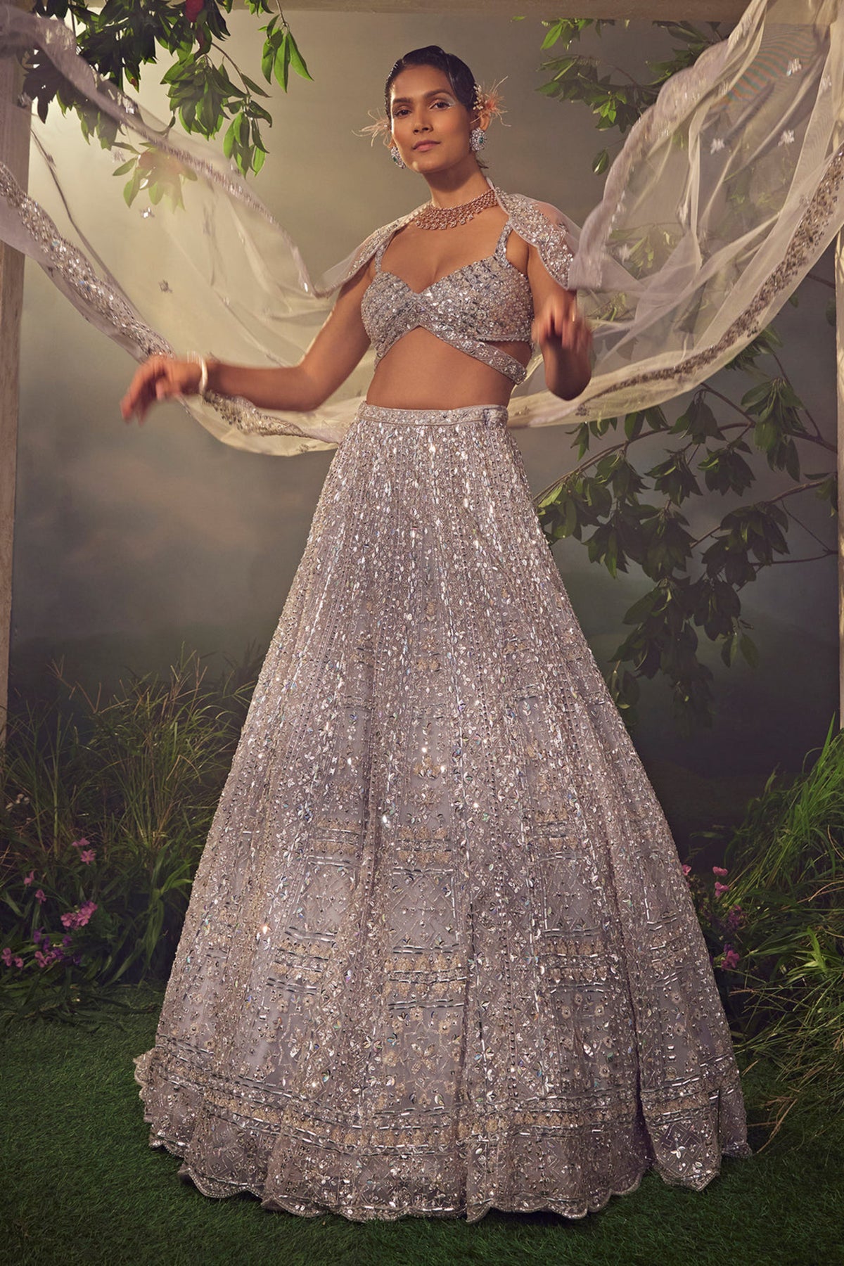 Metallic Grey Tulle Lehenga Set