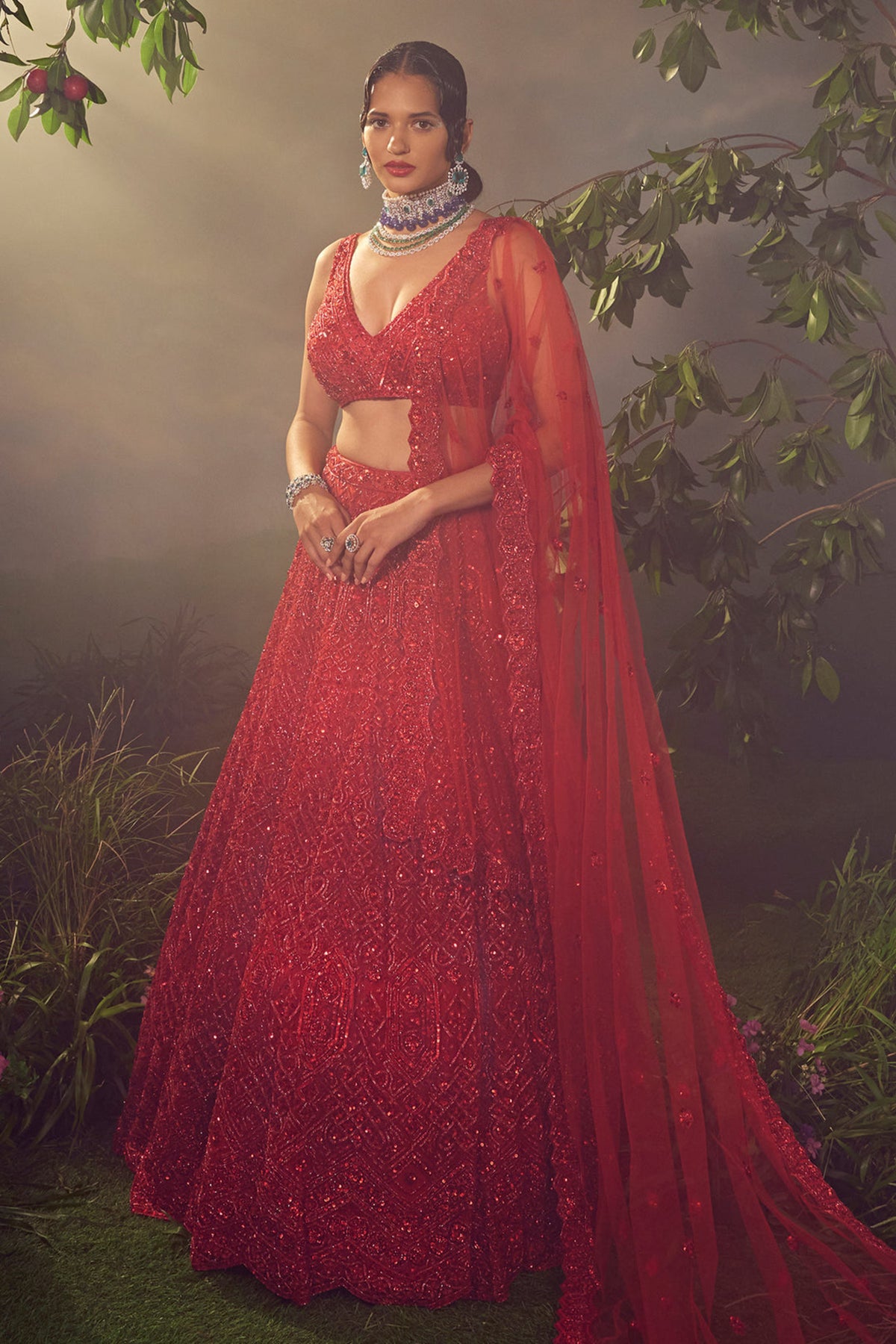 Red Tulle Lehenga Set
