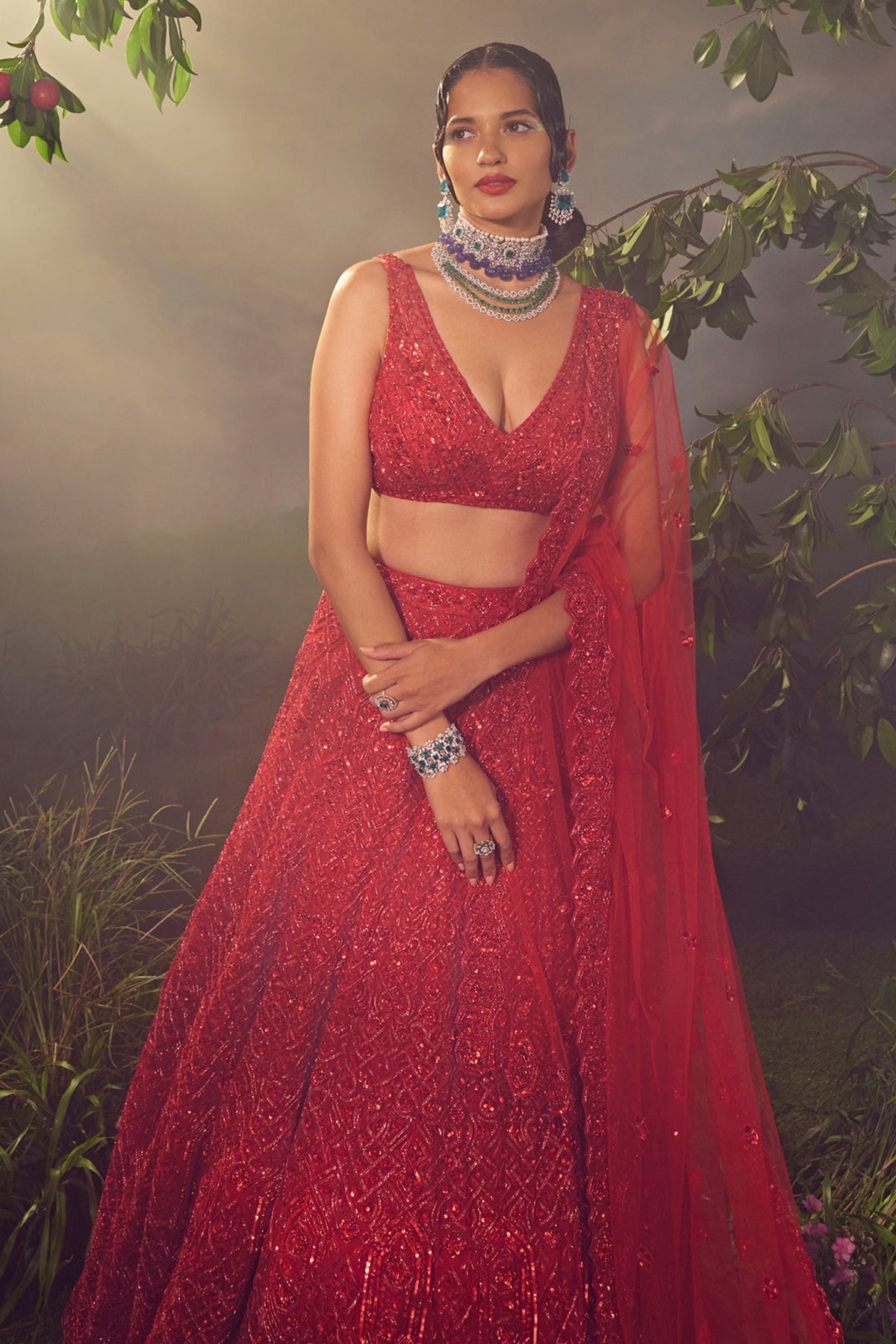 Red Tulle Lehenga Set