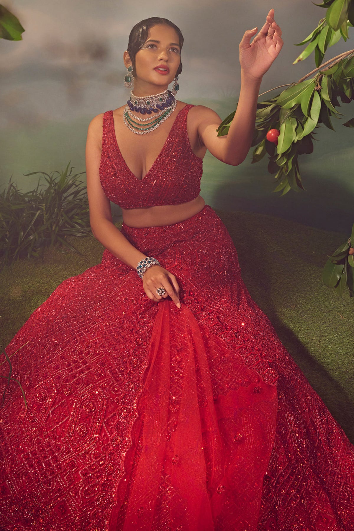 Red Tulle Lehenga Set