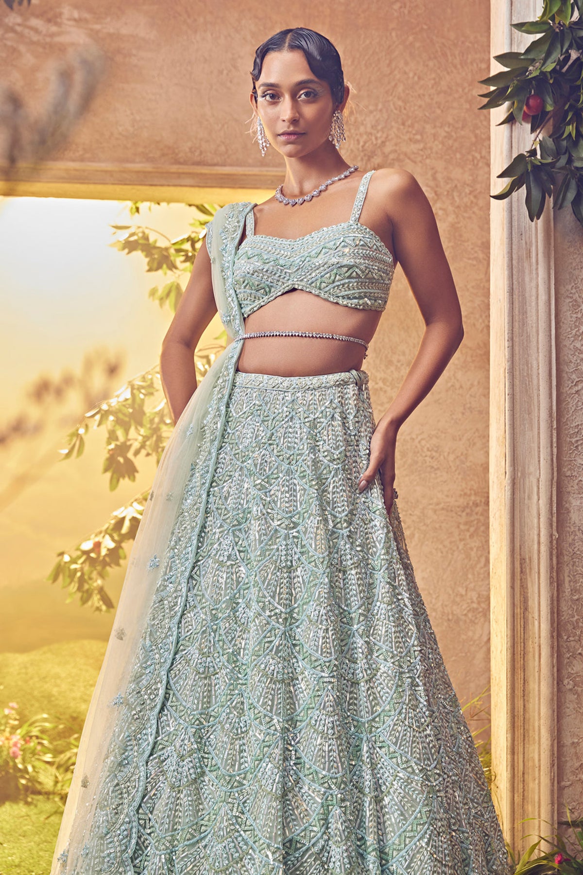 Mint Green Hand Embroidered Lehenga Set