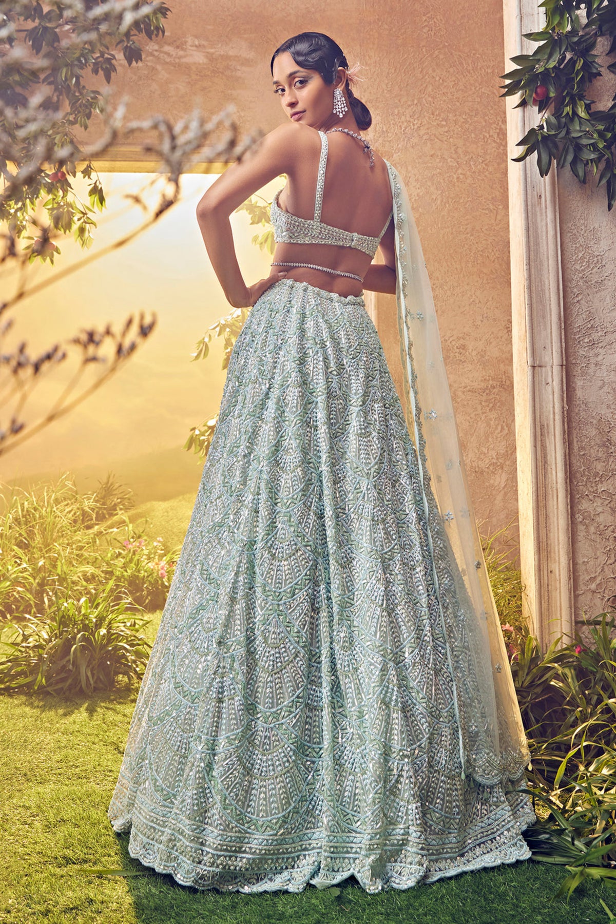 Mint Green Hand Embroidered Lehenga Set