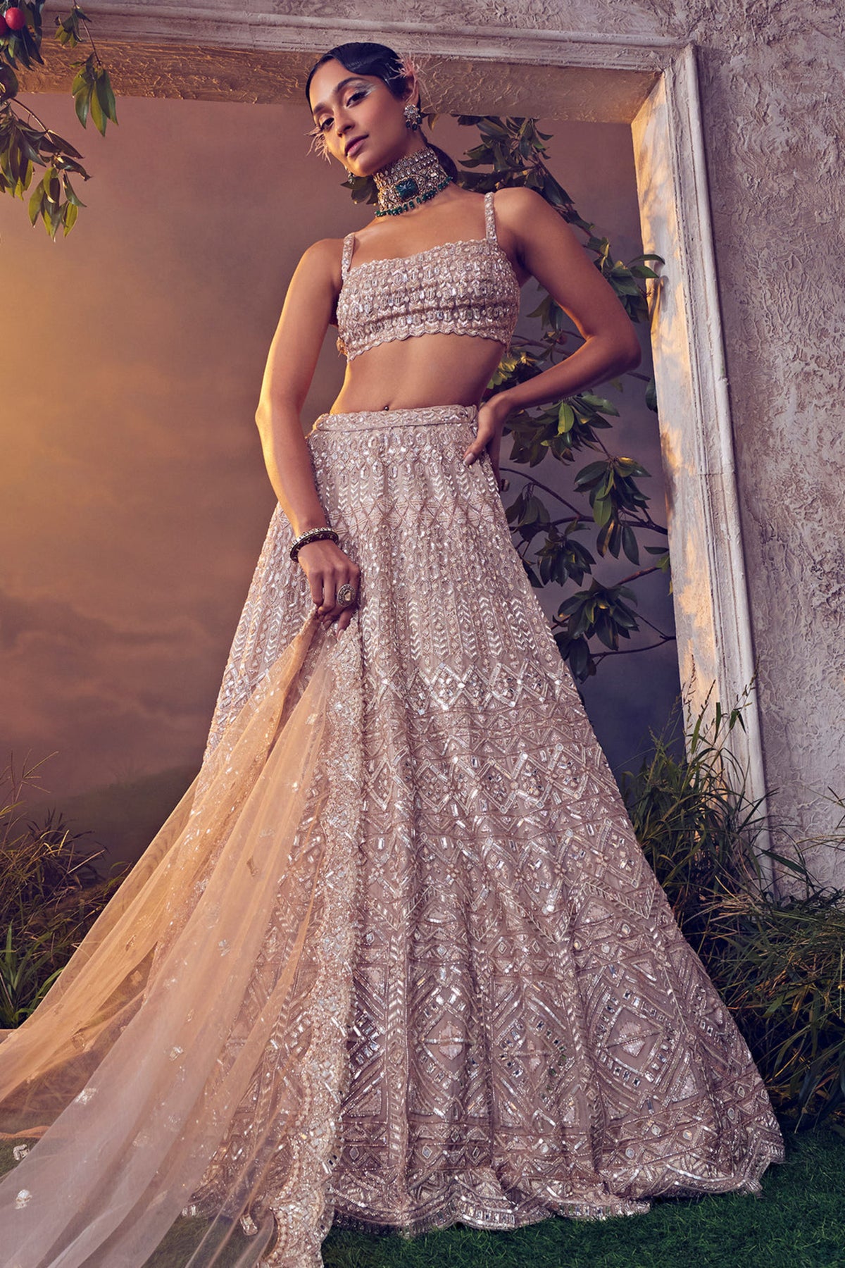 Taupe Organza Lehenga Set