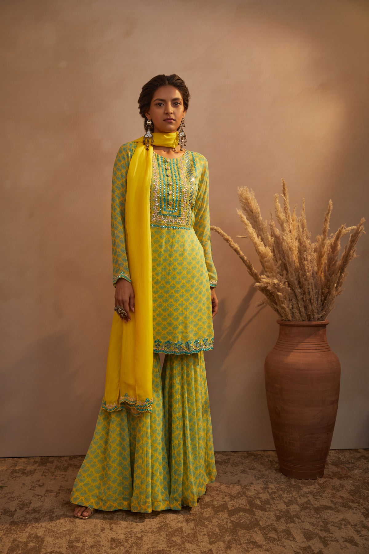 Yellow green butti print kurta set