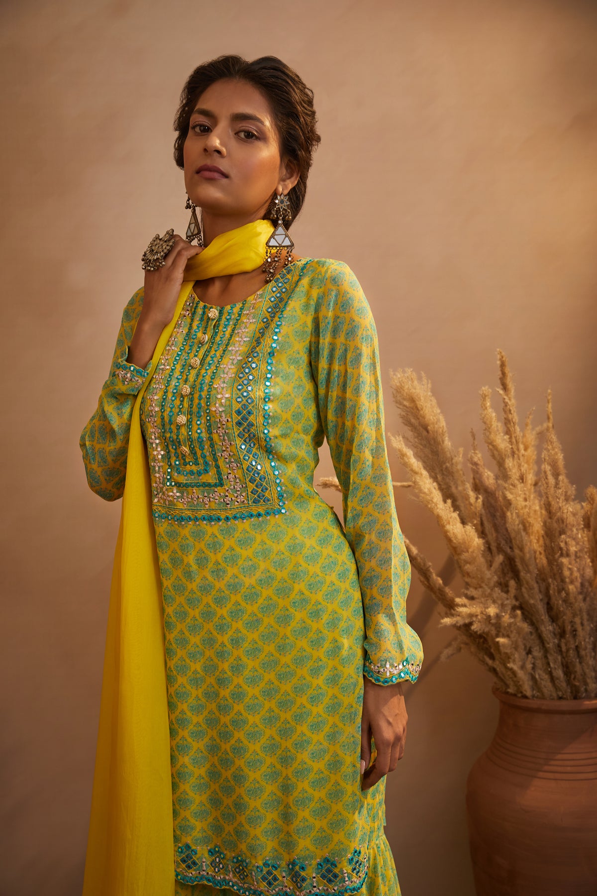 Yellow green butti print kurta set