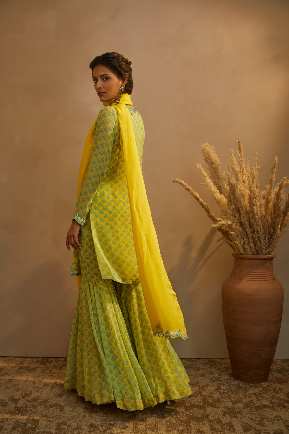 Yellow green butti print kurta set