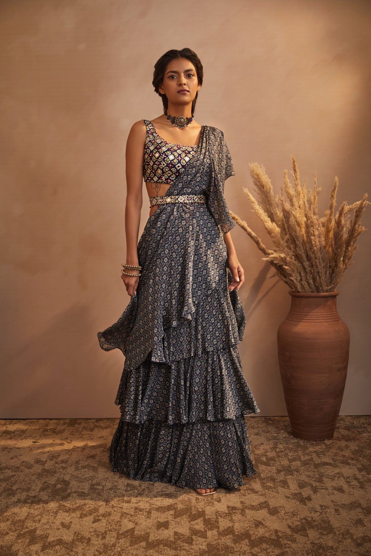 Navy ikkat drape saree