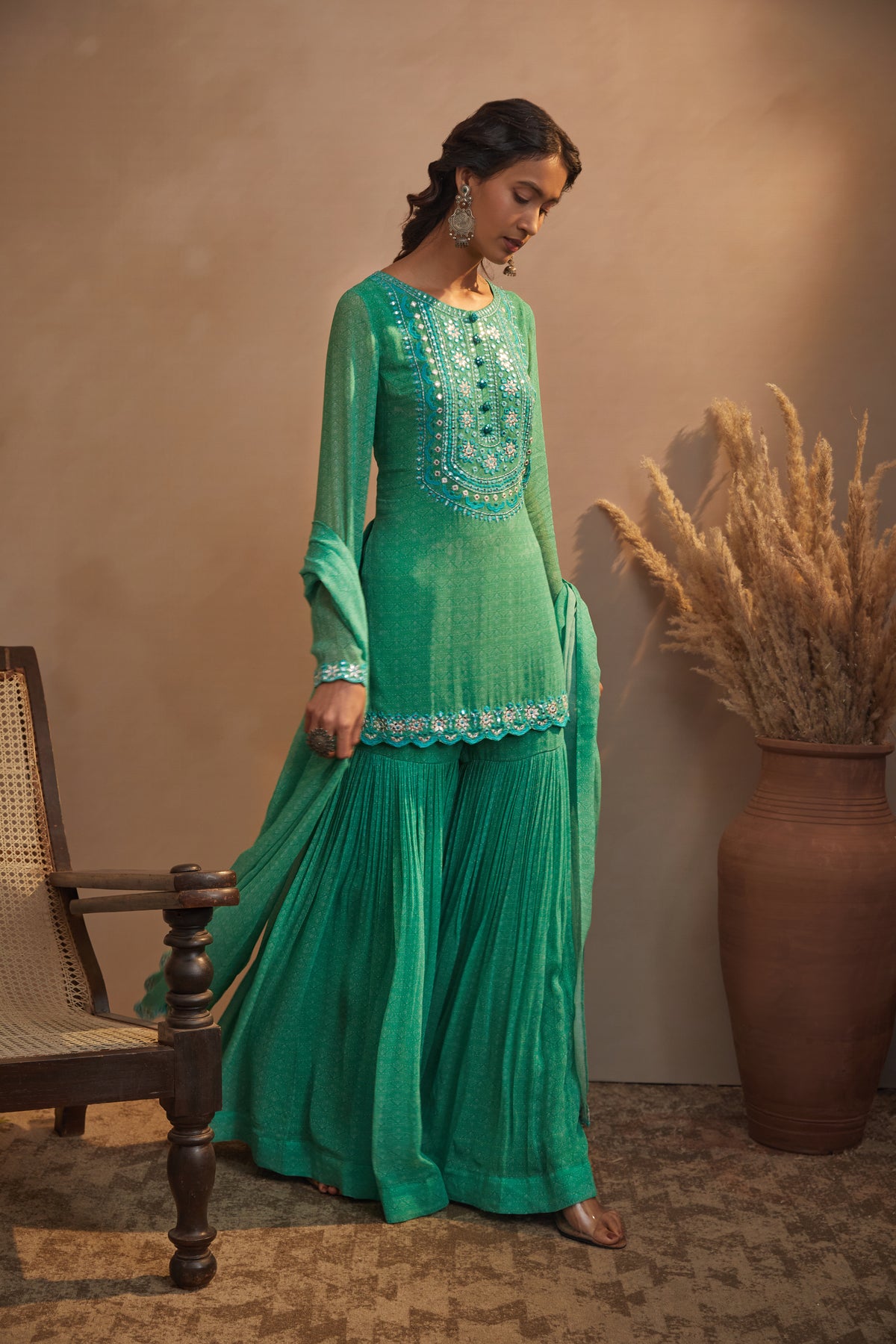 Emerald green printed kurta set