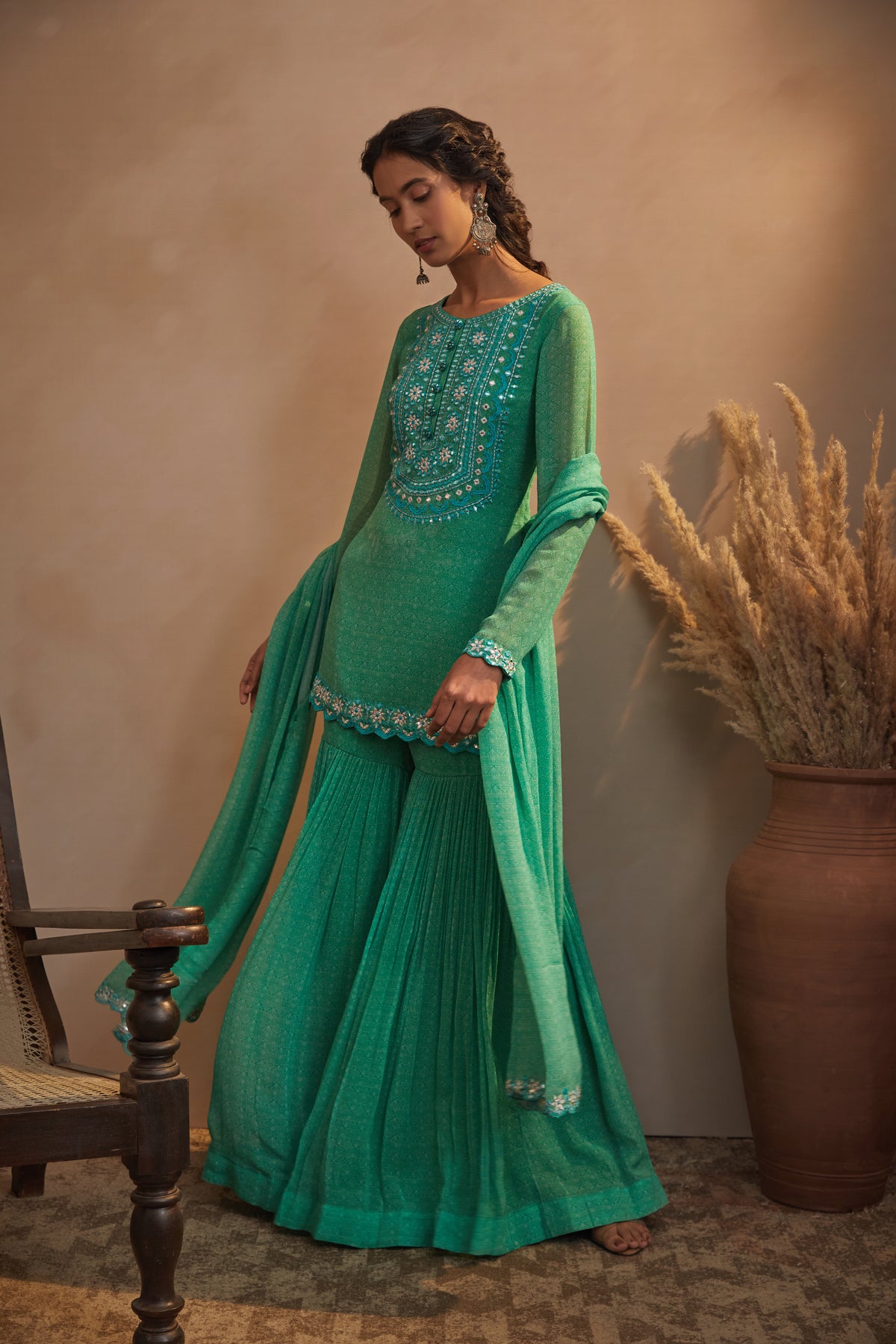 Emerald green printed kurta set