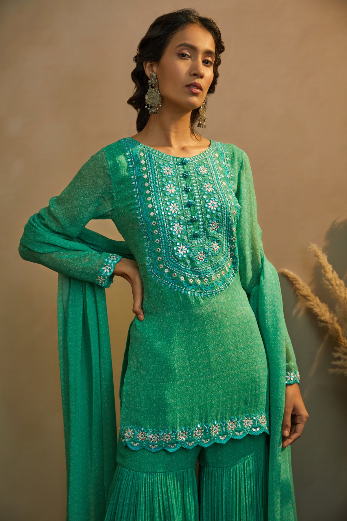 Emerald green printed kurta set