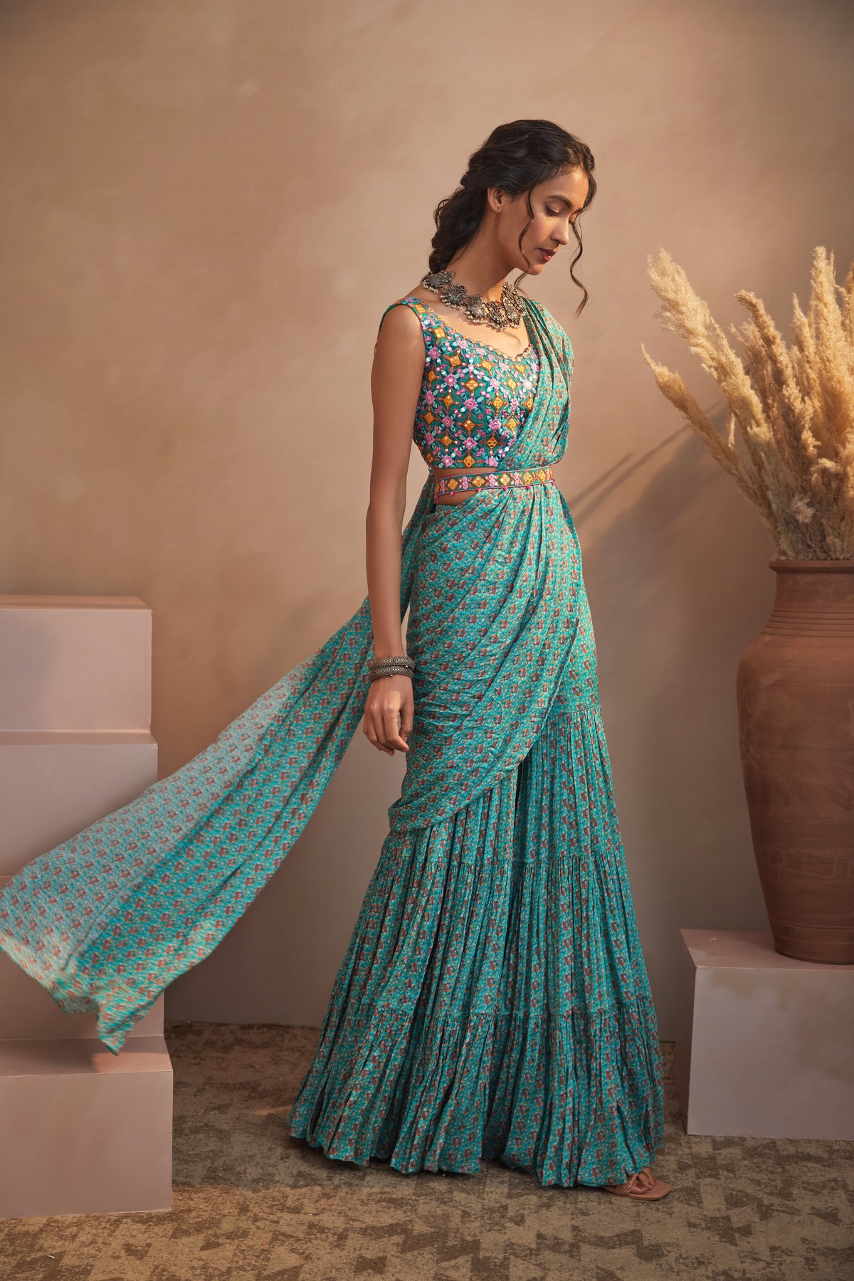 Teal bunch print sharara saree