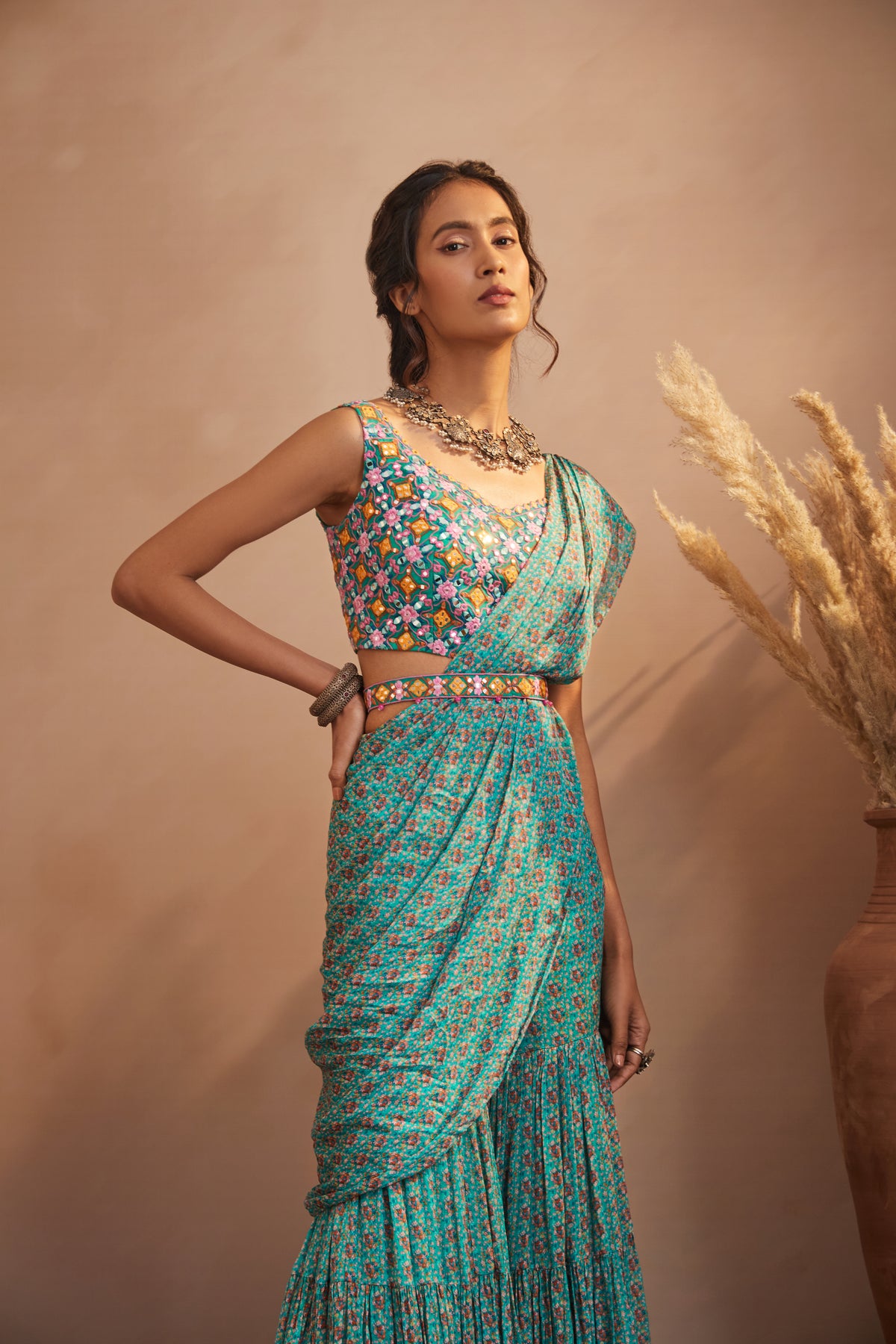 Teal bunch print sharara saree