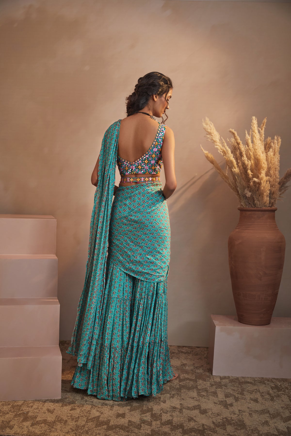 Teal bunch print sharara saree