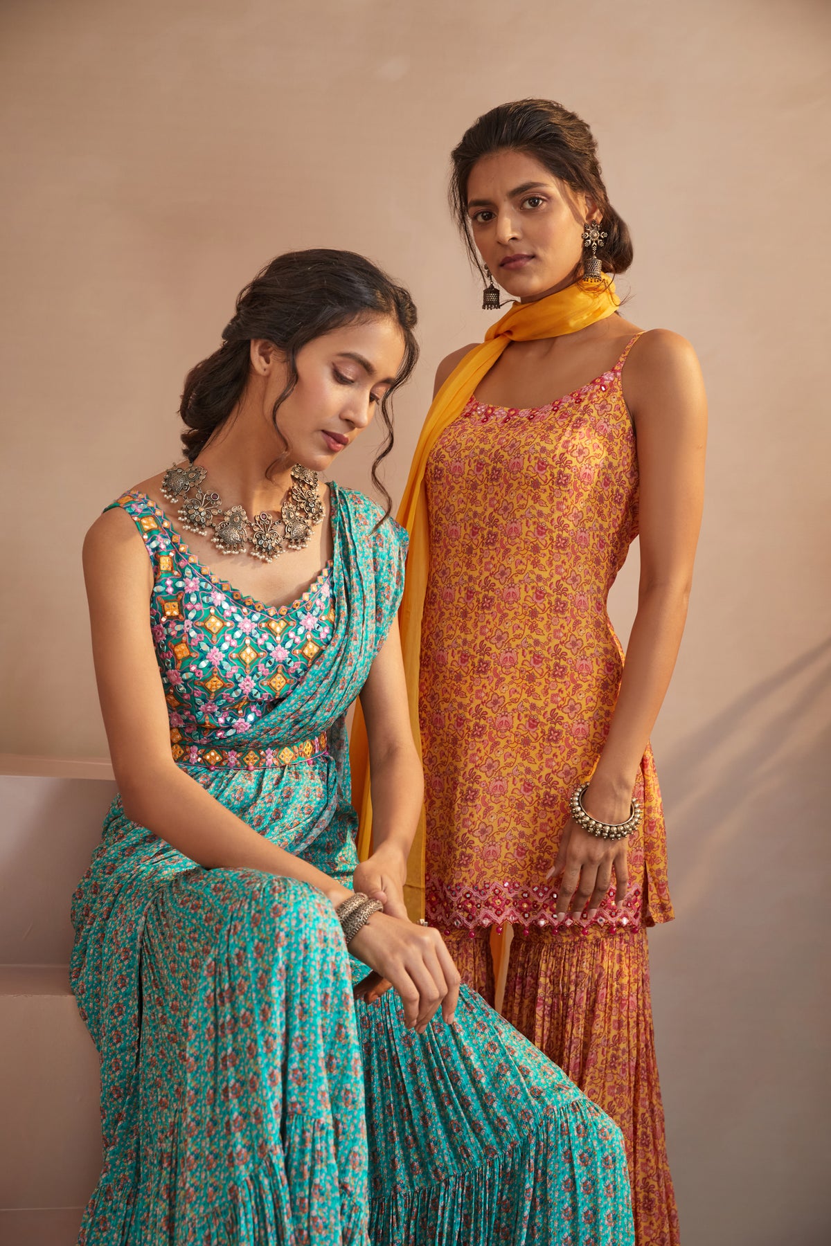 Teal bunch print sharara saree