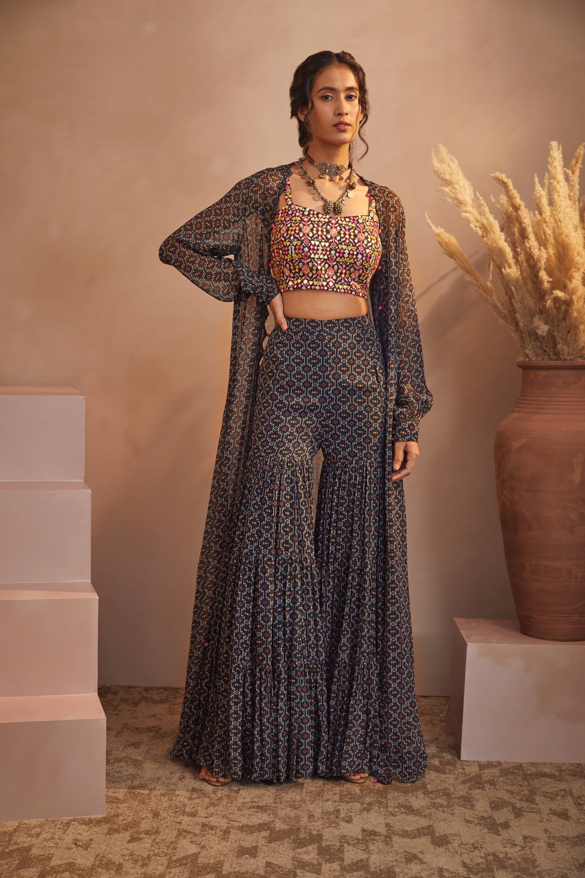 Black zigzag jacket sharara set