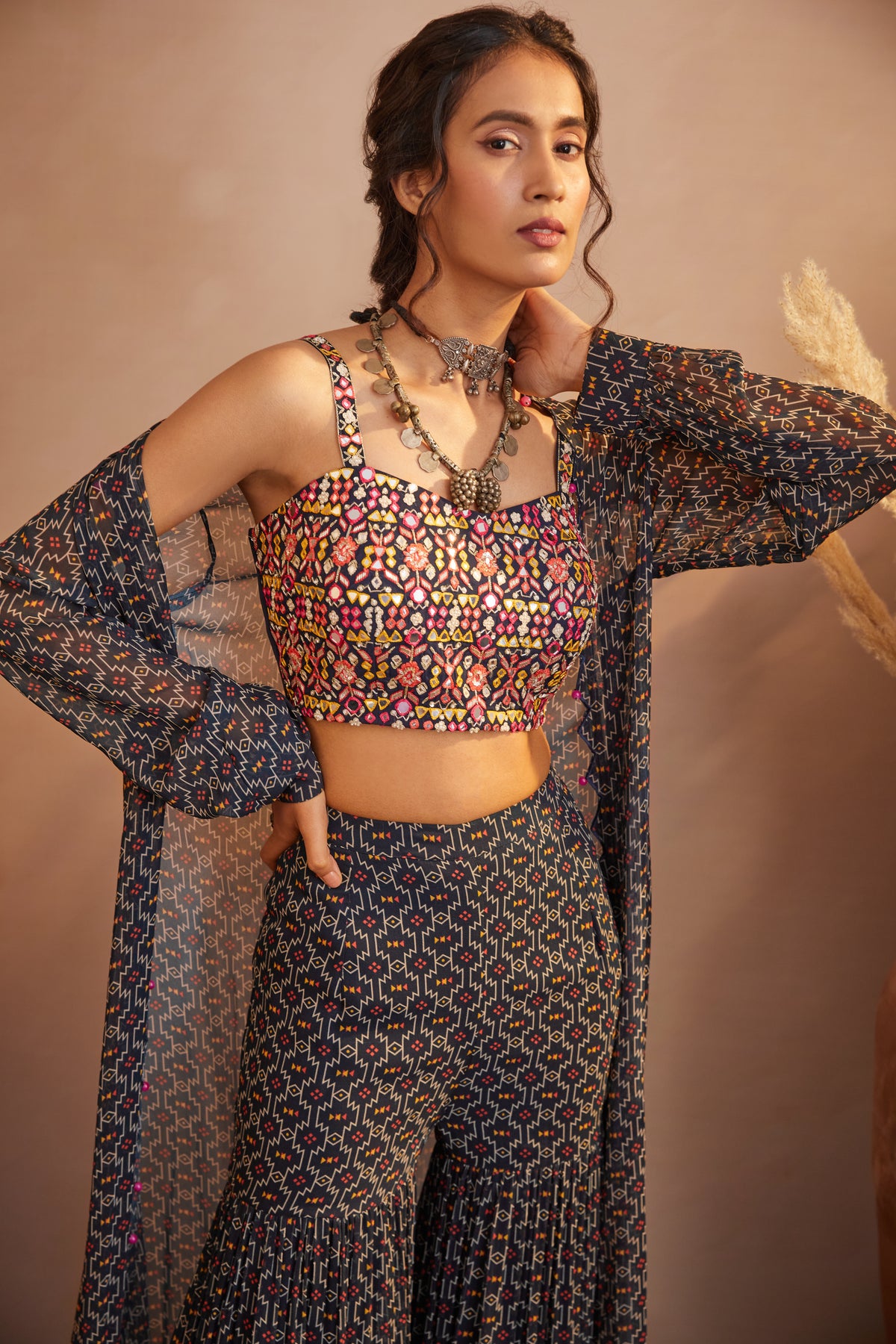 Black zigzag jacket sharara set