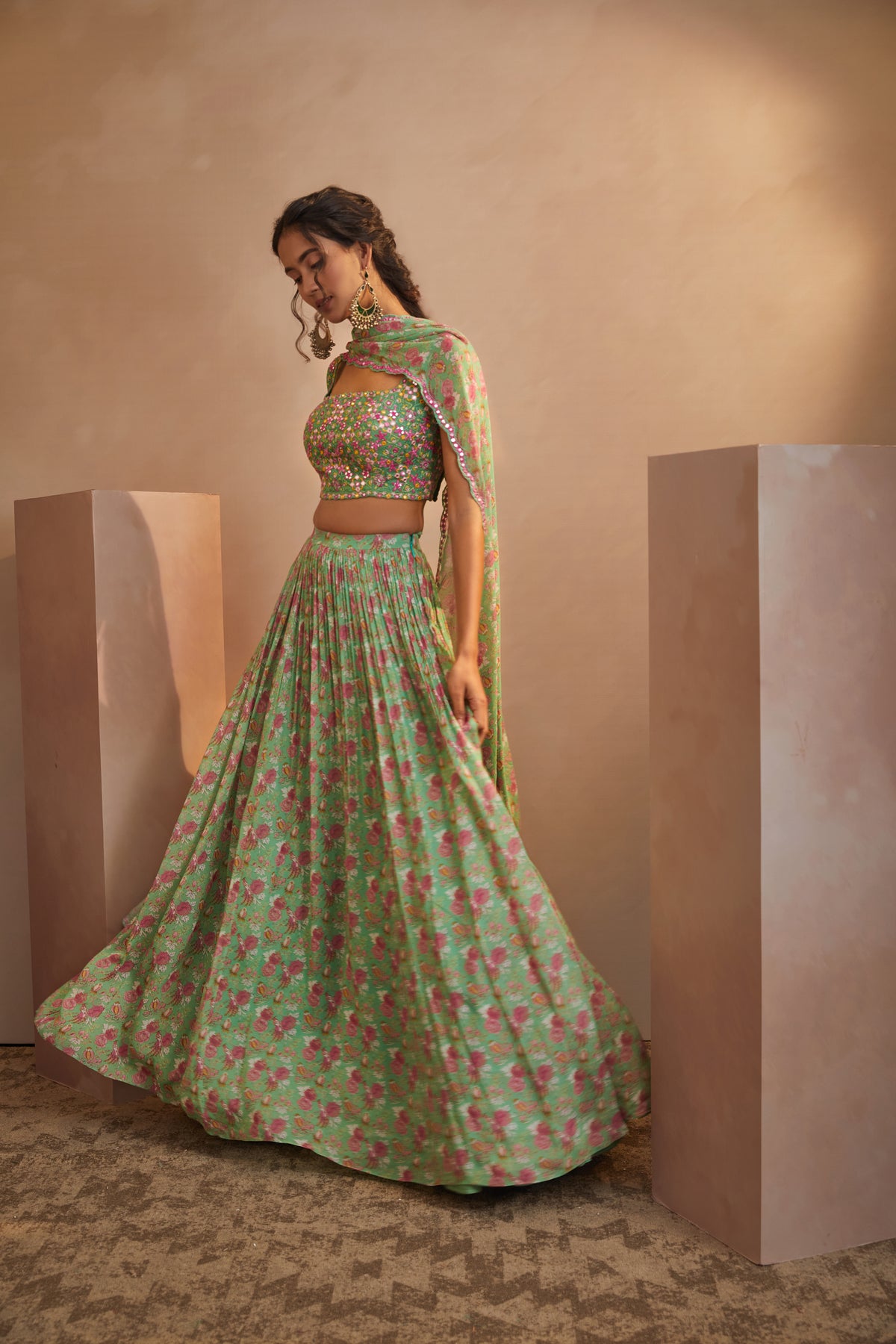 Parrot green printed lehenga set