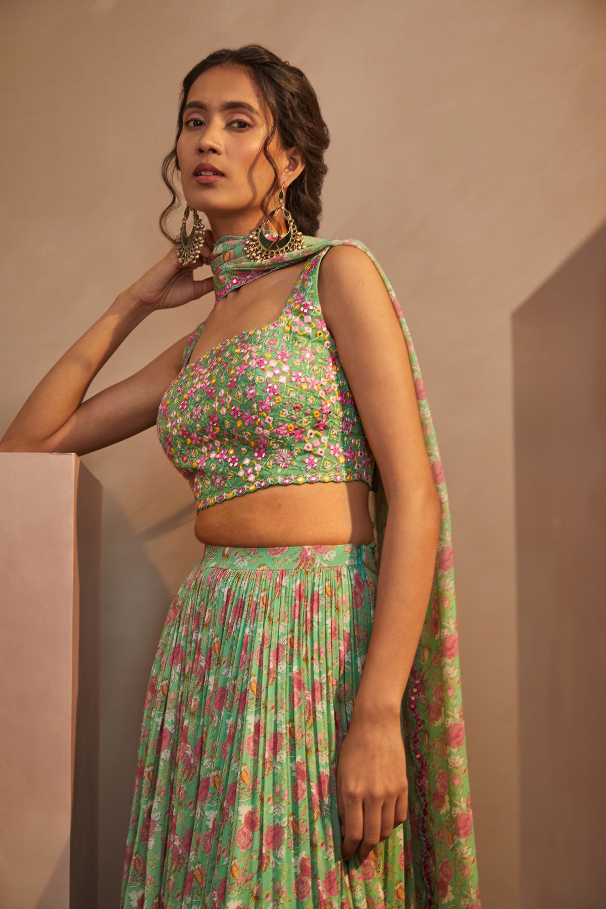 Parrot green printed lehenga set