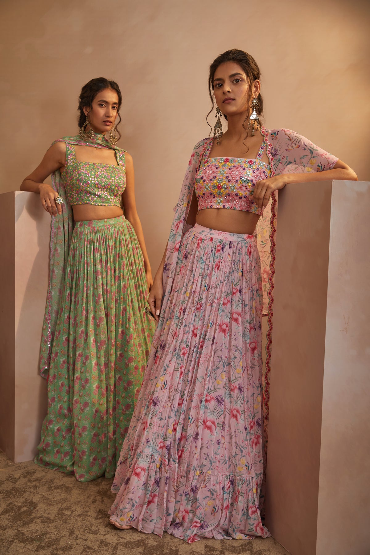 Parrot green printed lehenga set