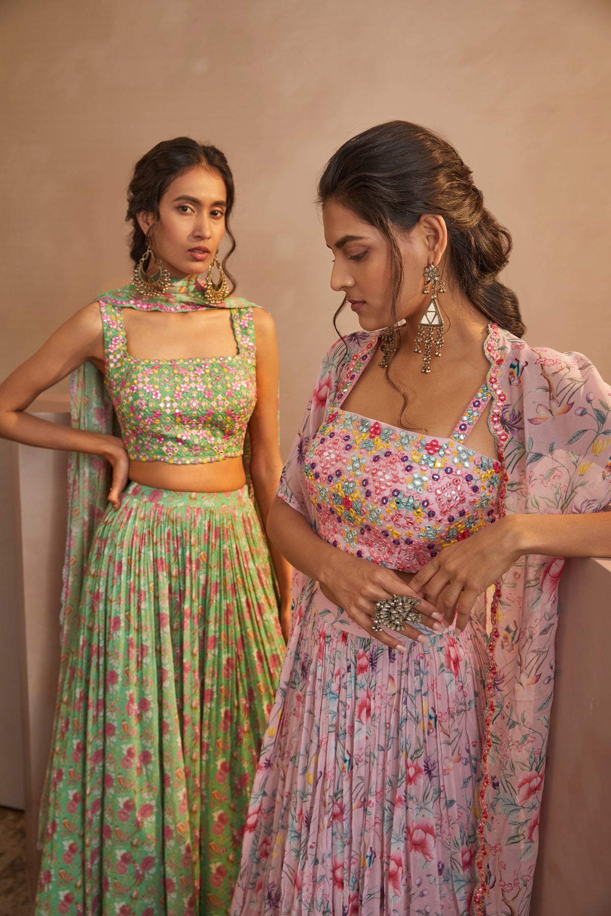 Parrot green printed lehenga set