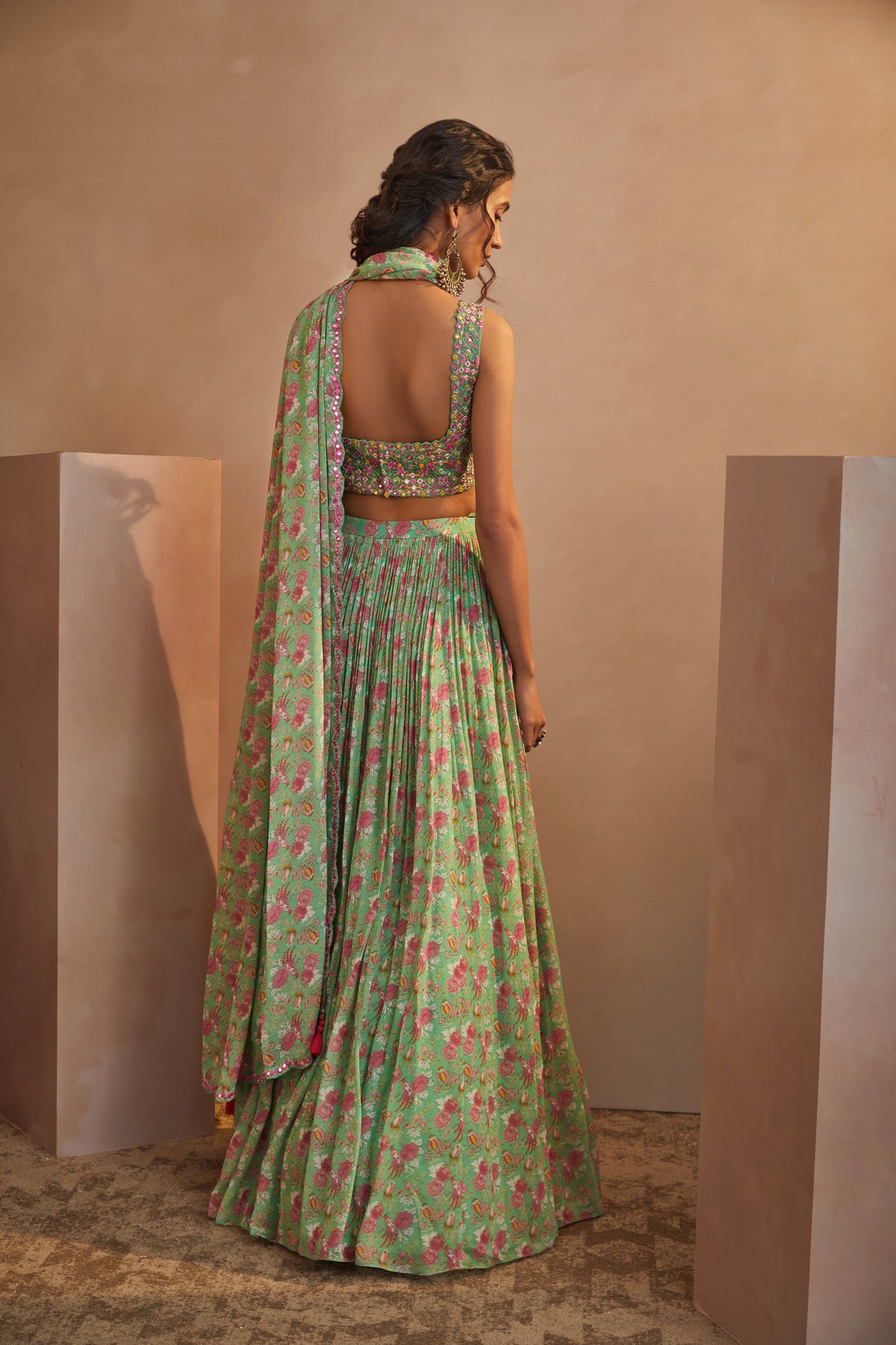 Parrot green printed lehenga set